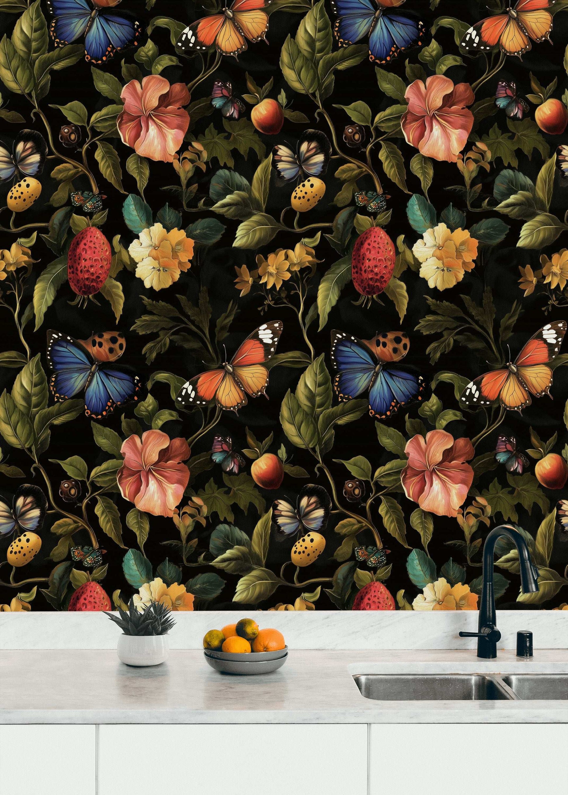 Dark Floral Bouquet Wallpaper Exotic Fruit Paradise Wall Mural Peel and Stick Roll