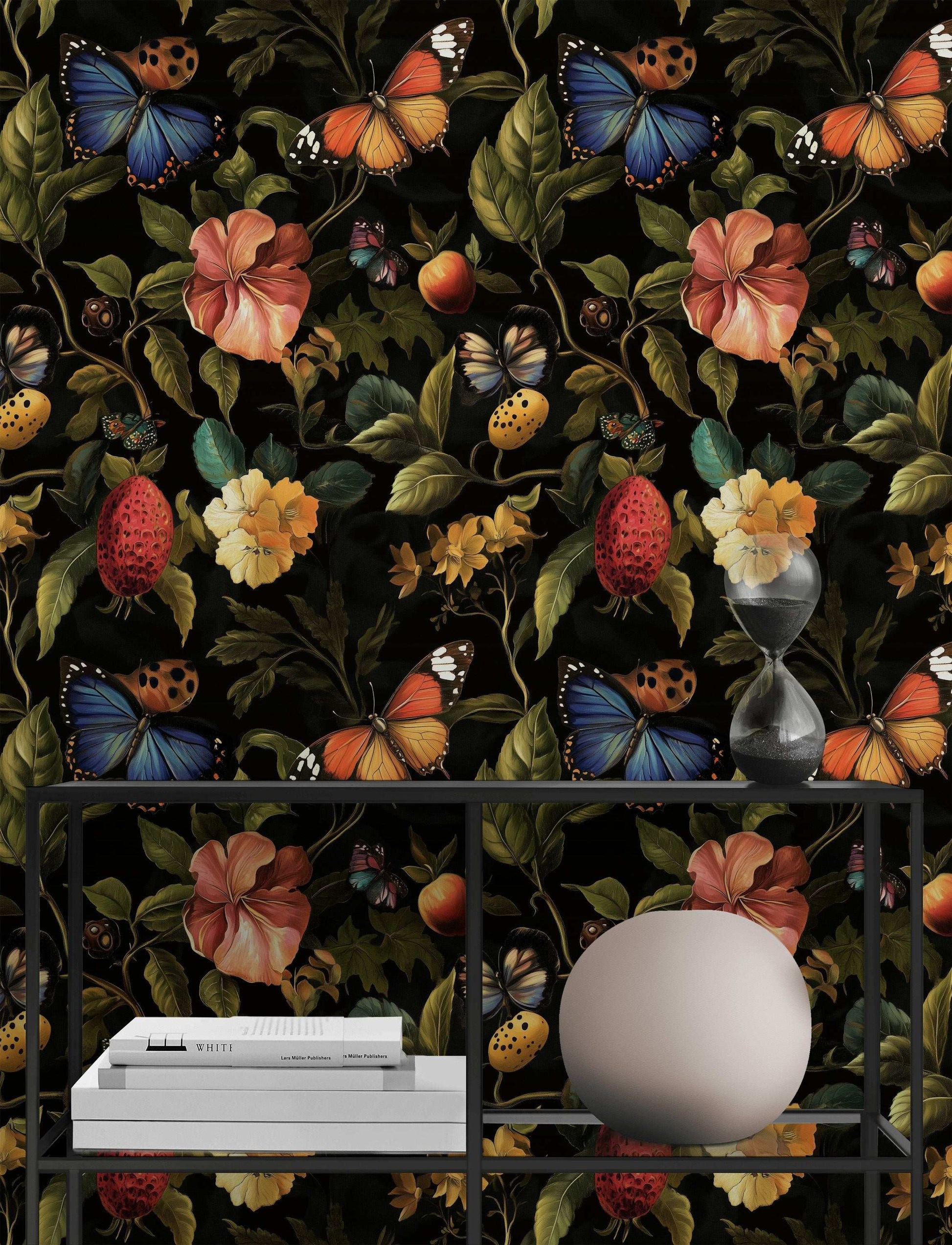 Dark Floral Bouquet Wallpaper Exotic Fruit Paradise Wall Mural Peel and Stick Roll