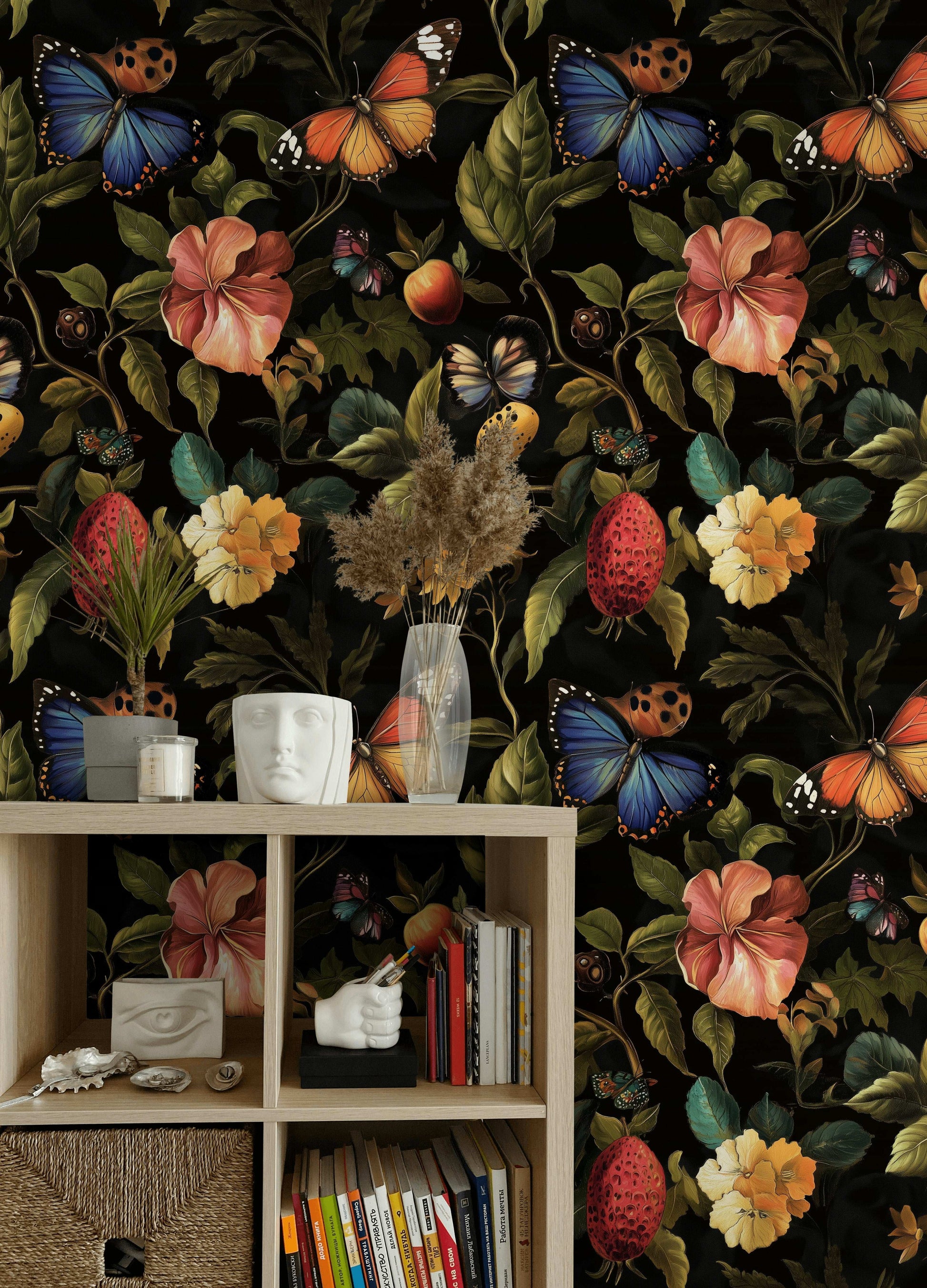 Dark Floral Bouquet Wallpaper Exotic Fruit Paradise Wall Mural Peel and Stick Roll