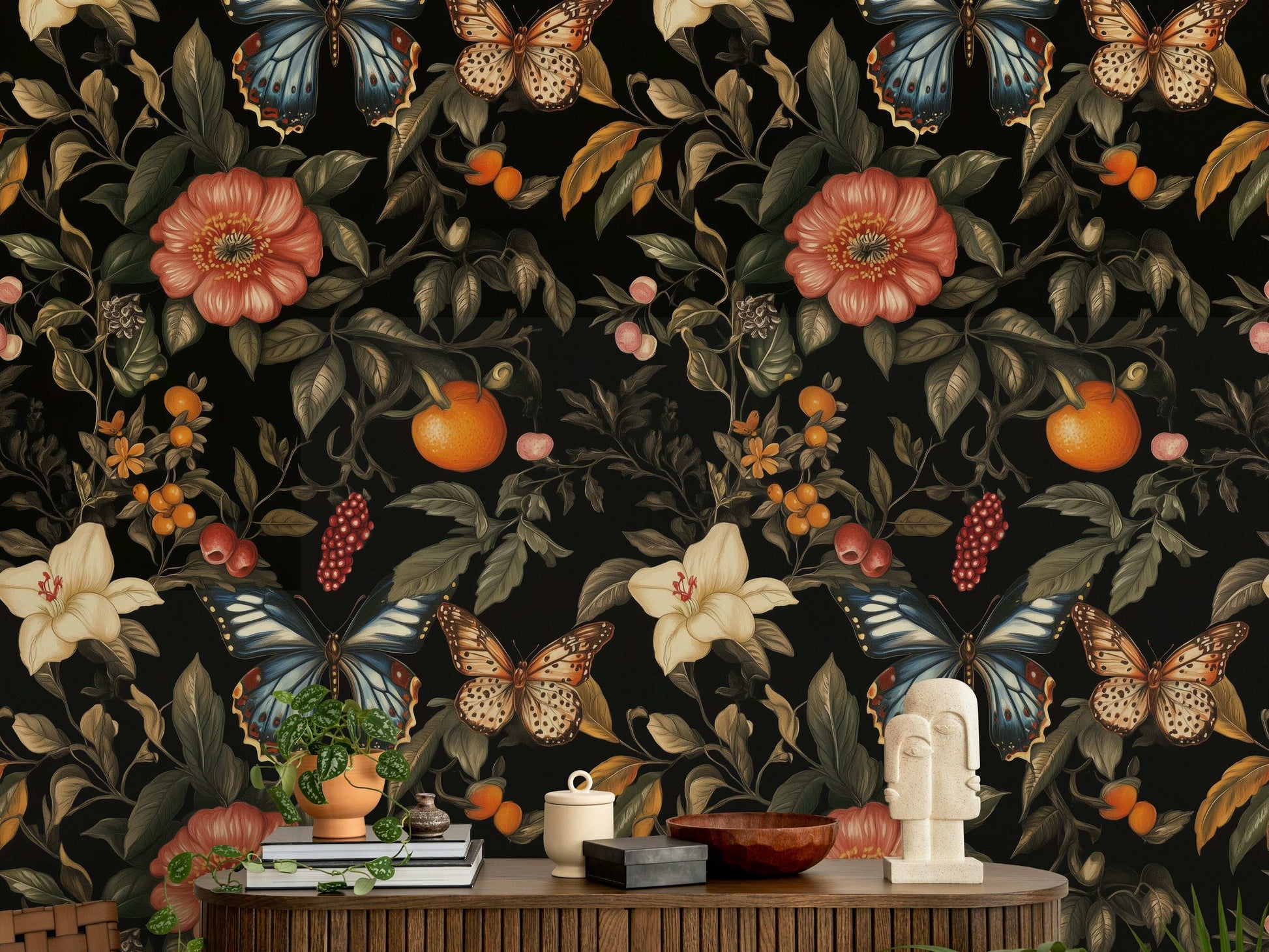 Vintage Botanical Wallpaper Dark Floral Fruit & Fauna Wall Mural Peel and Stick Roll