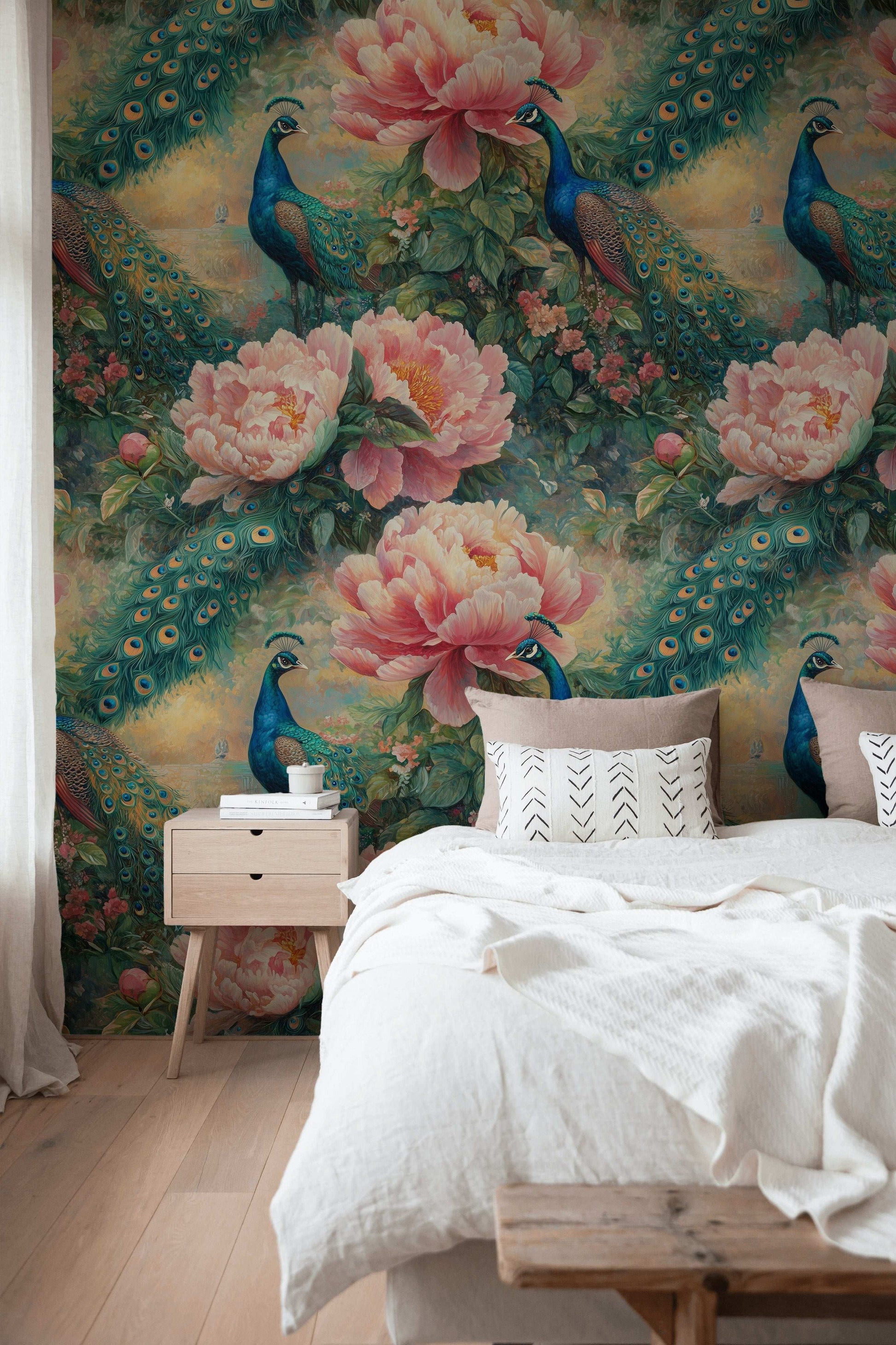 Peacock Paradise Peony Garden Wallpaper Luxurious Floral Wall Mural Peel and Stick Roll