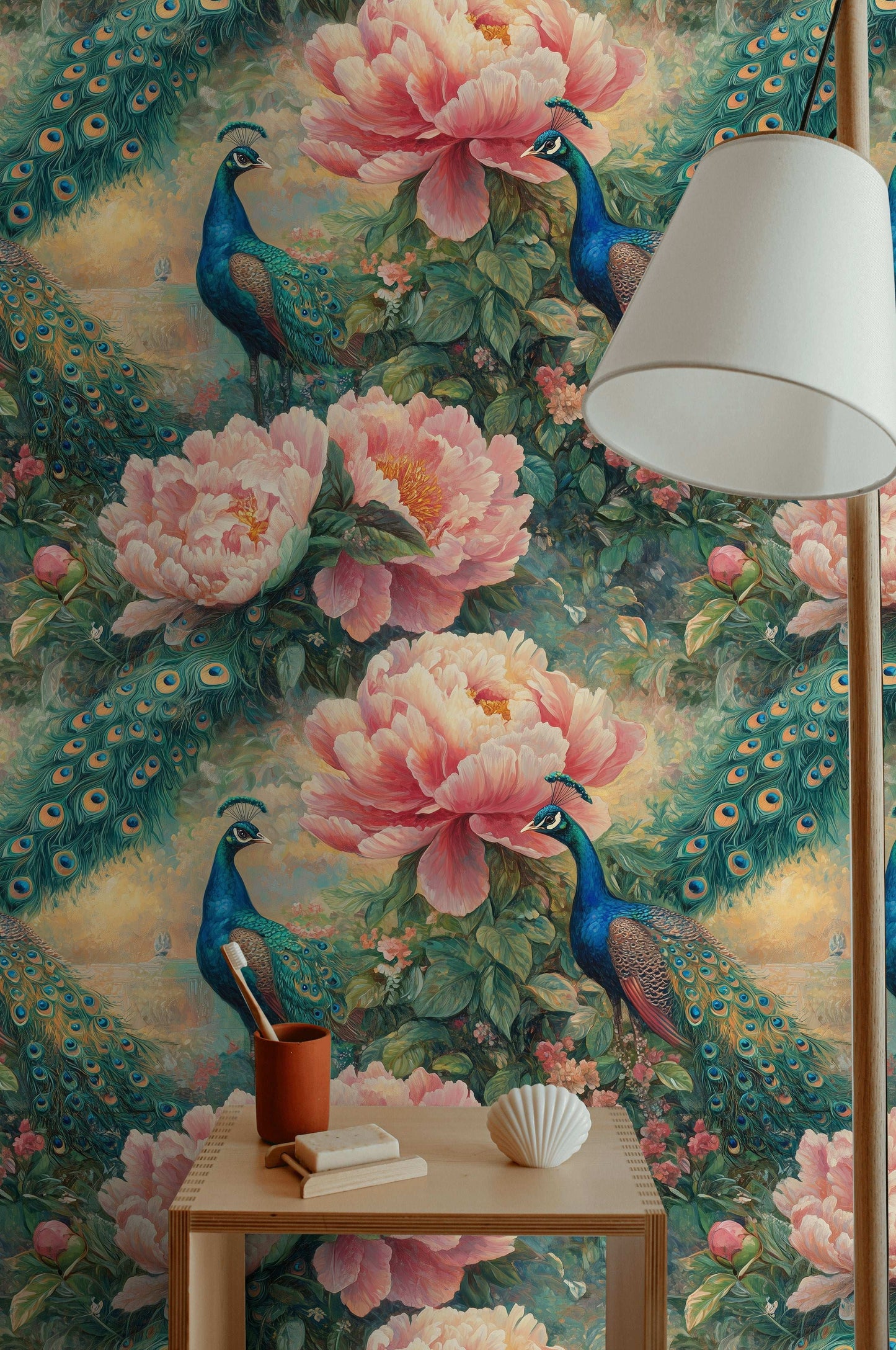 Peacock Paradise Peony Garden Wallpaper Luxurious Floral Wall Mural Peel and Stick Roll