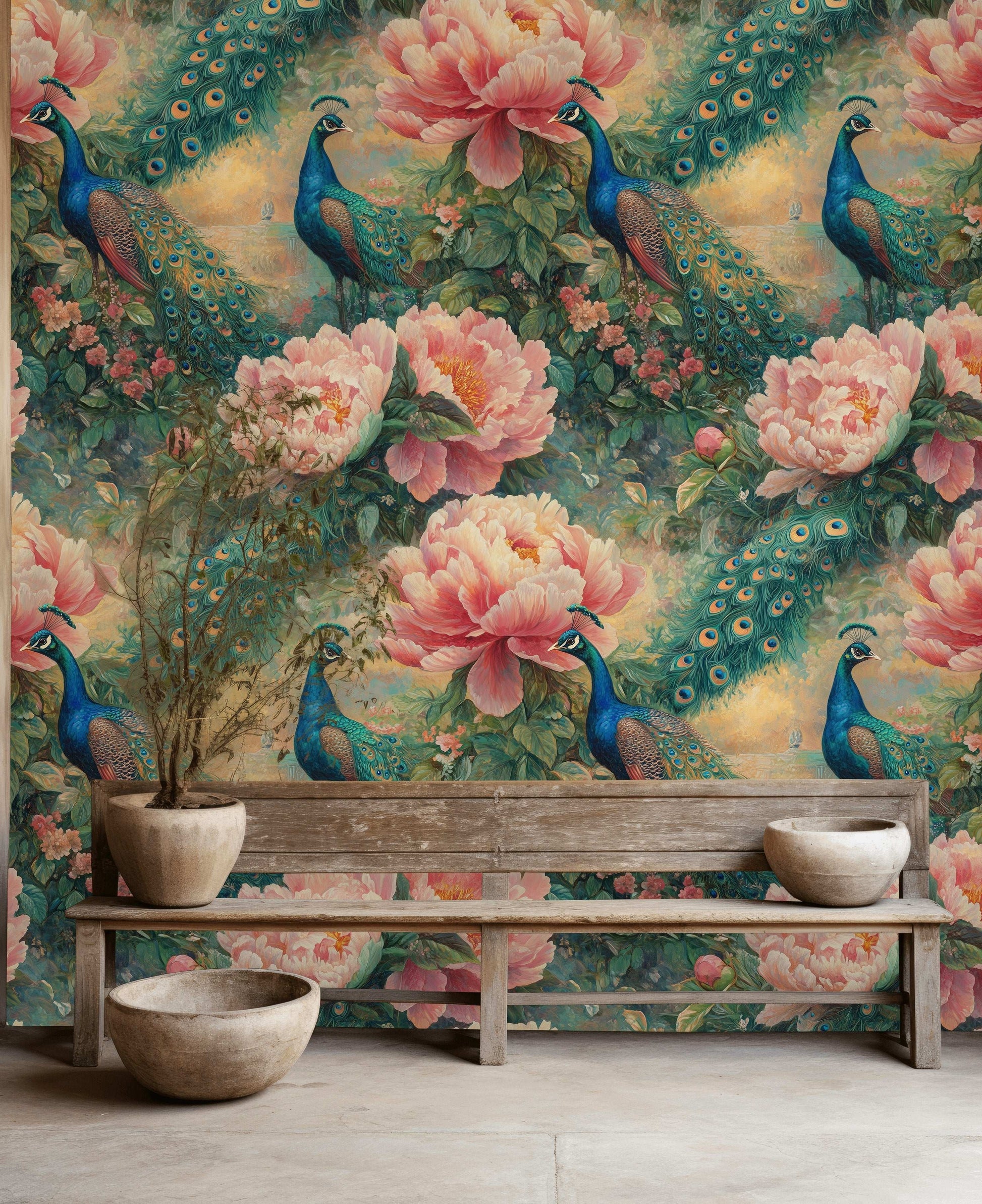 Peacock Paradise Peony Garden Wallpaper Luxurious Floral Wall Mural Peel and Stick Roll