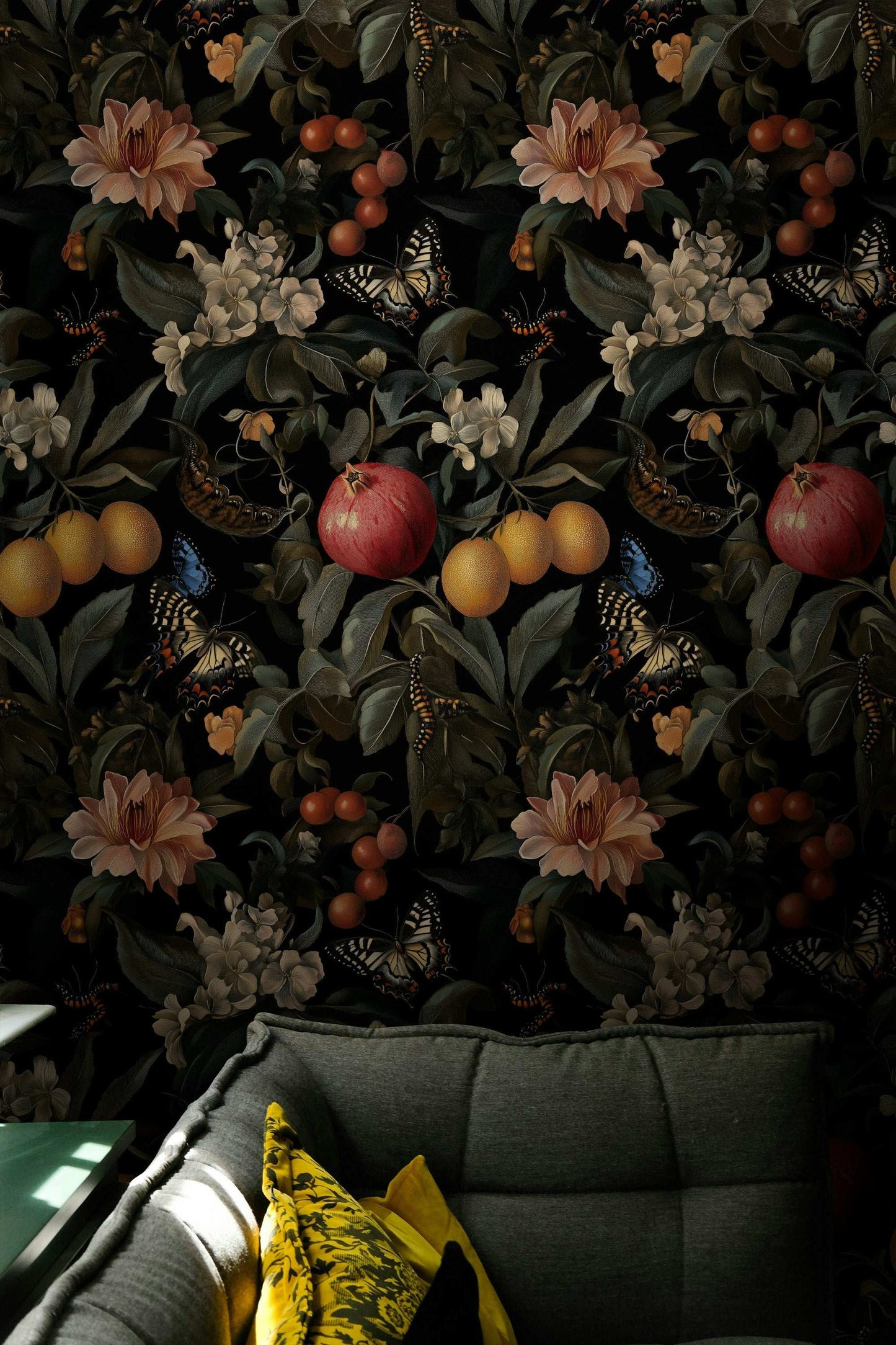 Midnight Botanical Oasis Wallpaper Dark Floral Fruit & Butterfly Haven Wall Mural