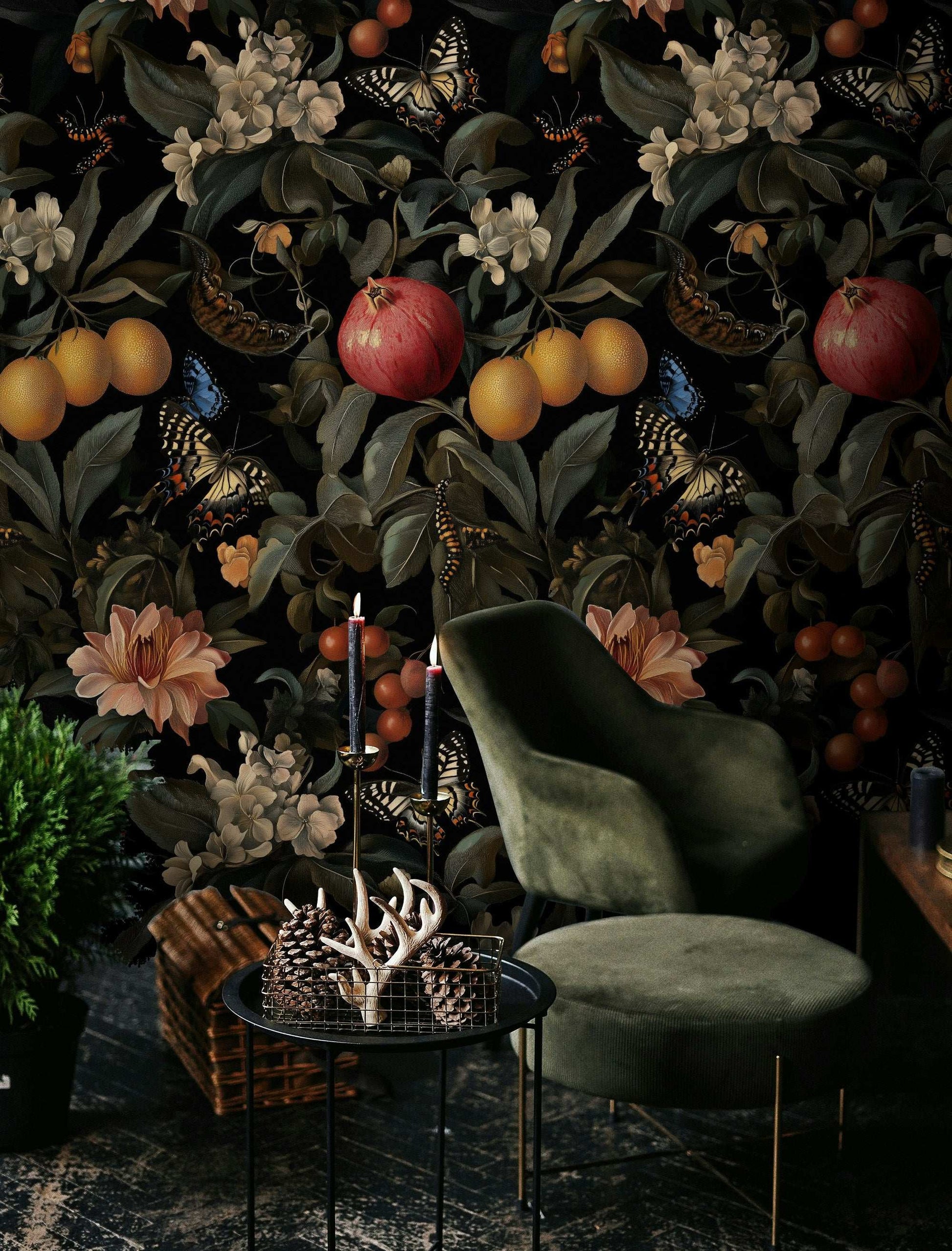 Midnight Botanical Oasis Wallpaper Dark Floral Fruit & Butterfly Haven Wall Mural