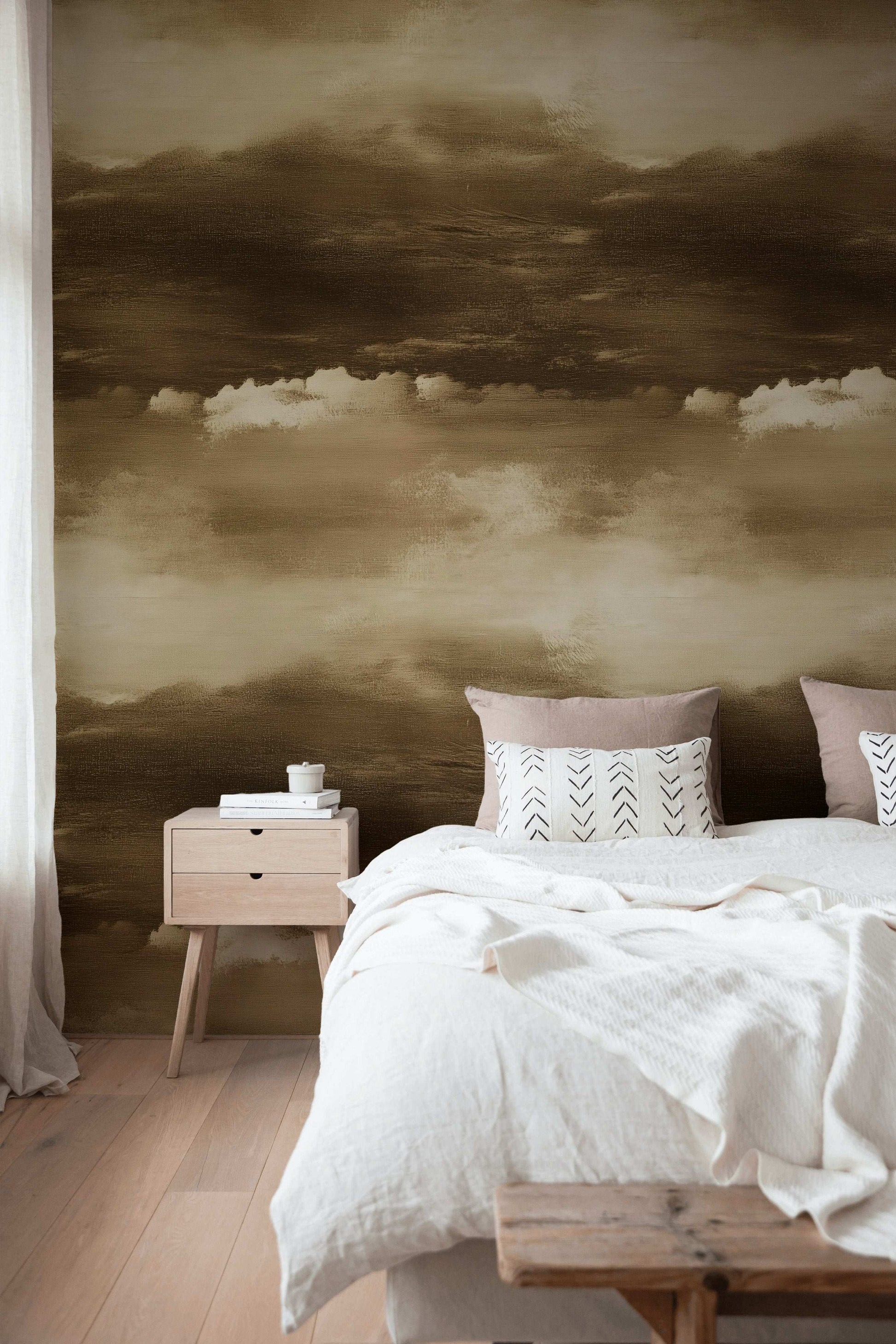 Sepia Cloud Wallpaper Dramatic Sky Mural Vintage Style Abstract Storm Clouds Wall Art