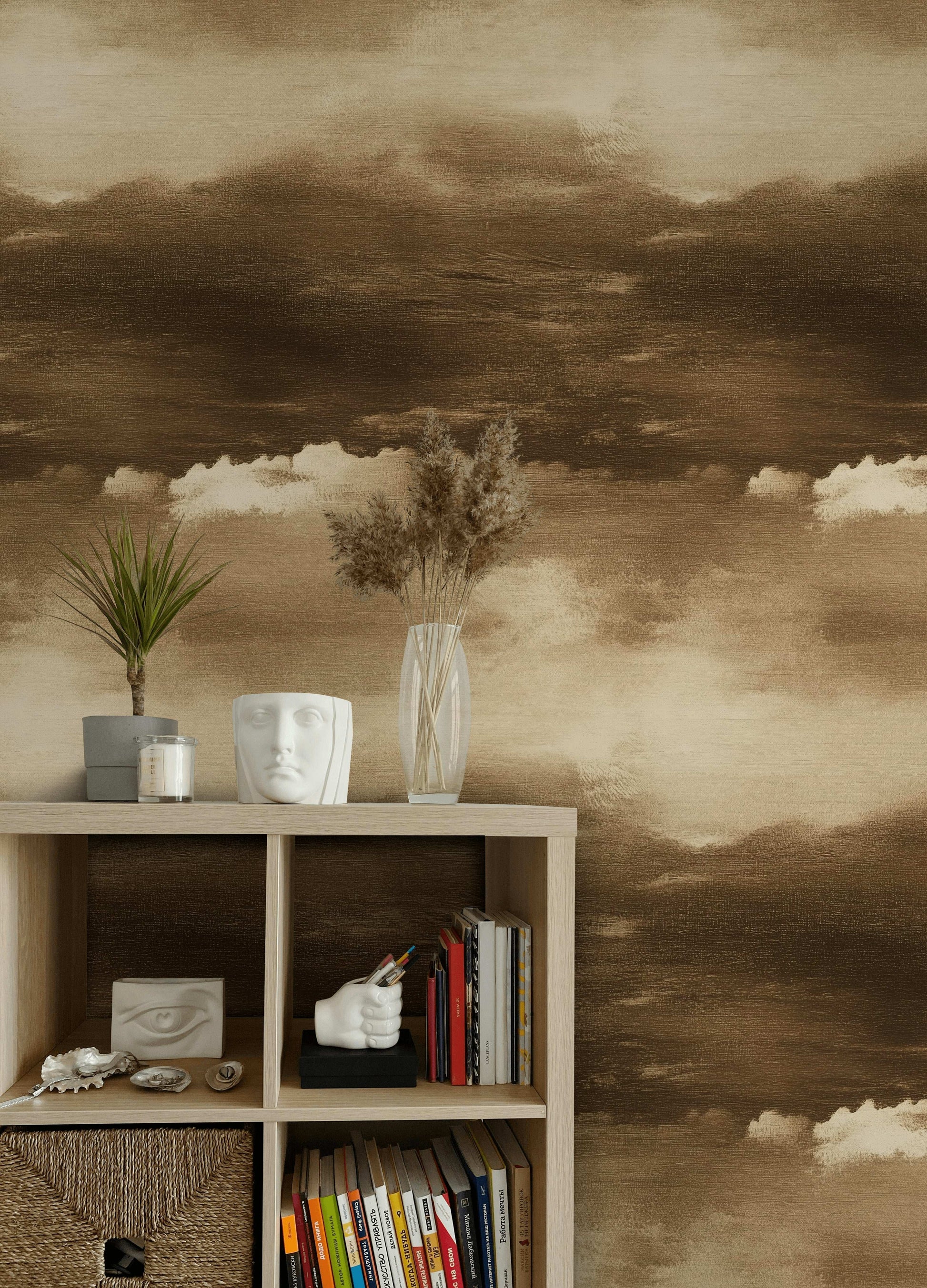 Sepia Cloud Wallpaper Dramatic Sky Mural Vintage Style Abstract Storm Clouds Wall Art