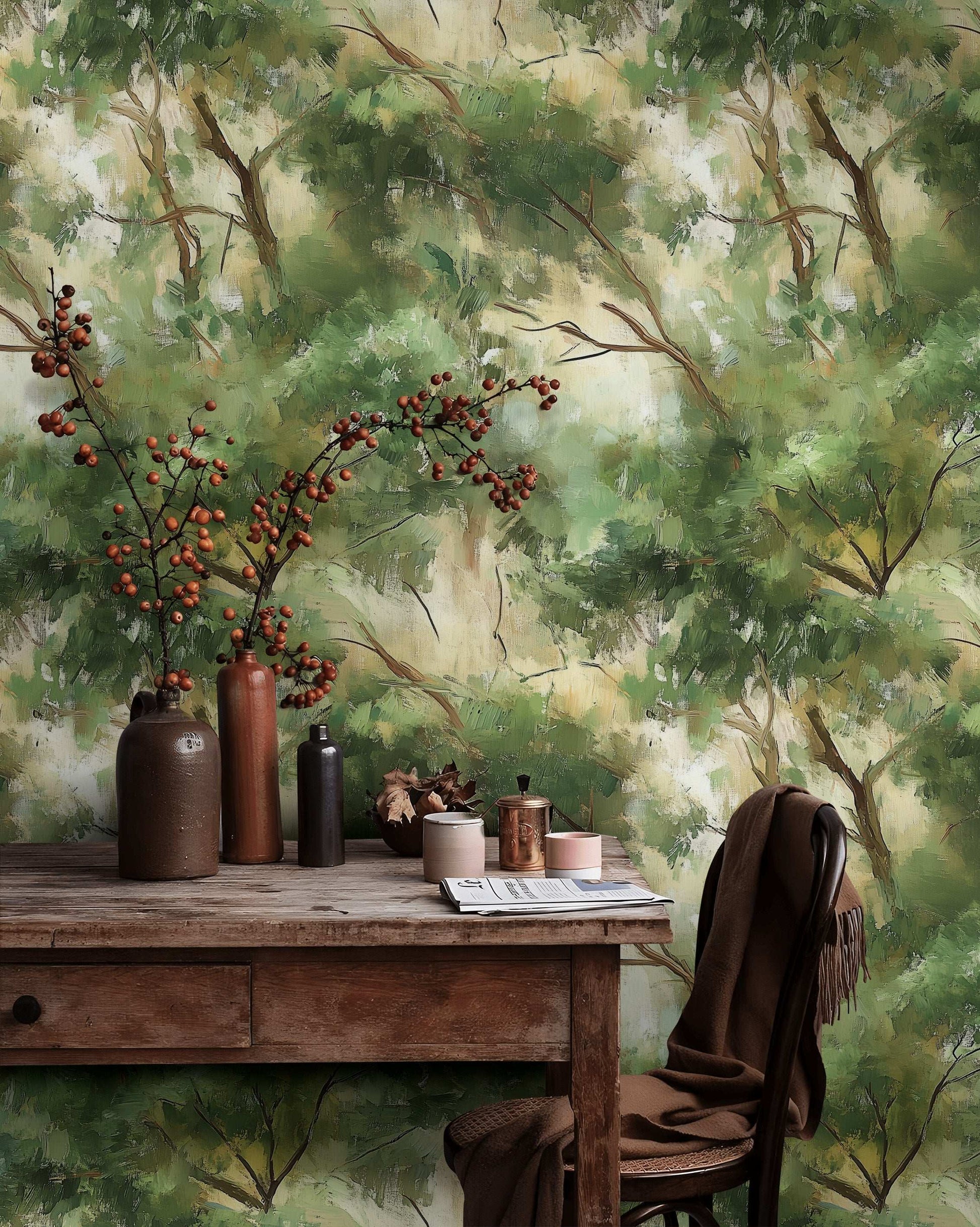 Impressionist Forest Wallpaper Abstract Green Trees Wall Mural Artistic Nature Paint Effect