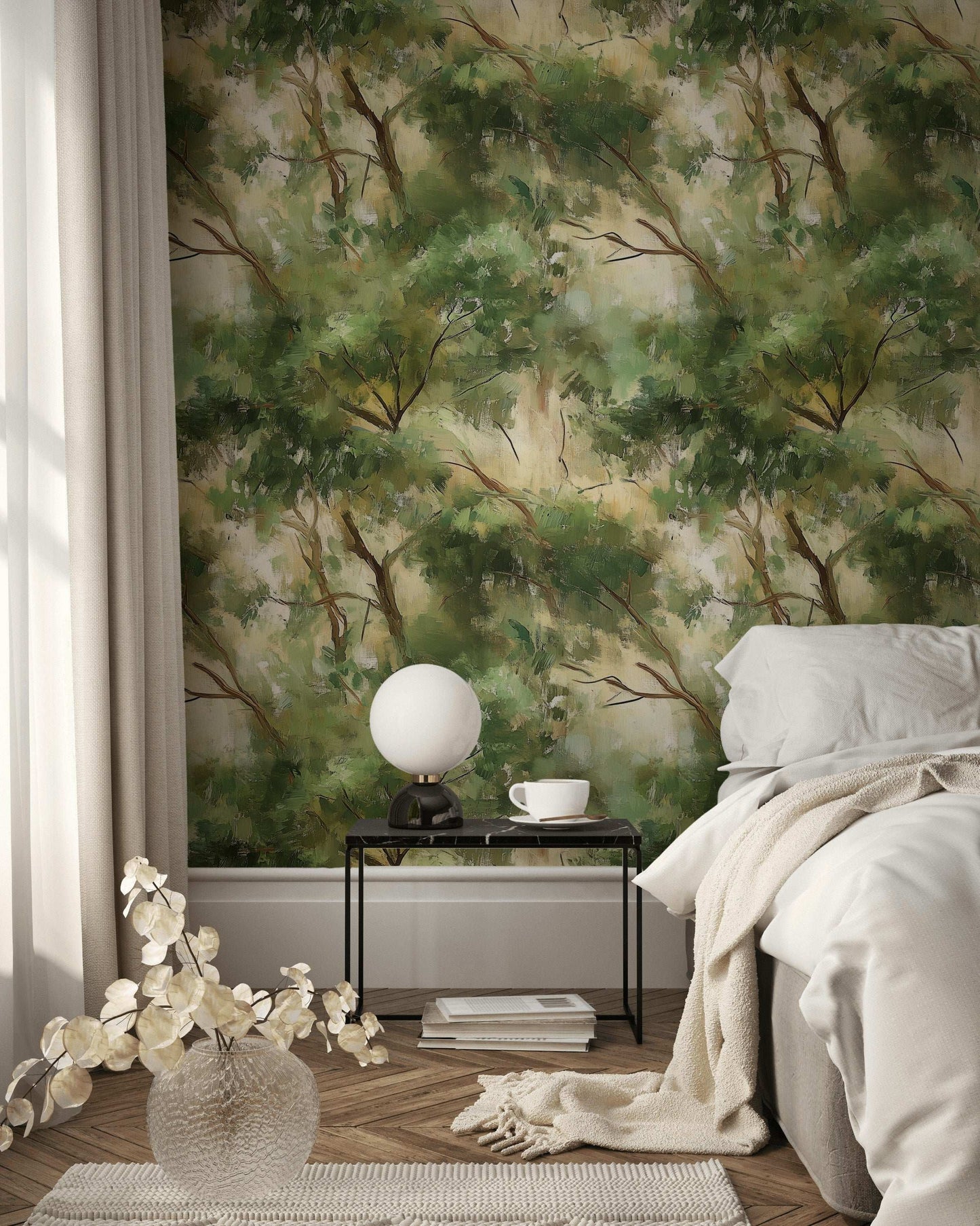 Impressionist Forest Wallpaper Abstract Green Trees Wall Mural Artistic Nature Paint Effect