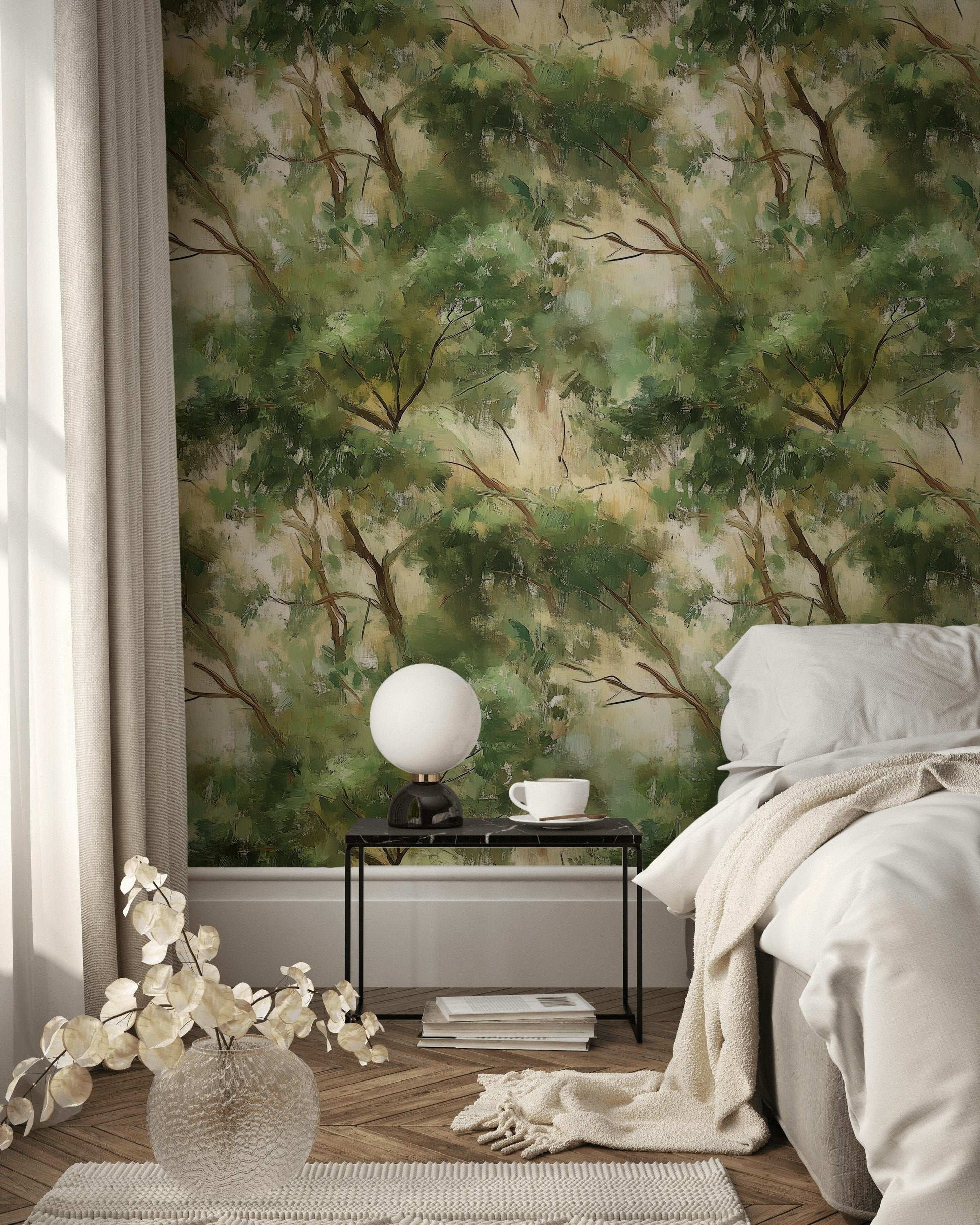 Impressionist Forest Wallpaper Abstract Green Trees Wall Mural Artistic Nature Paint Effect