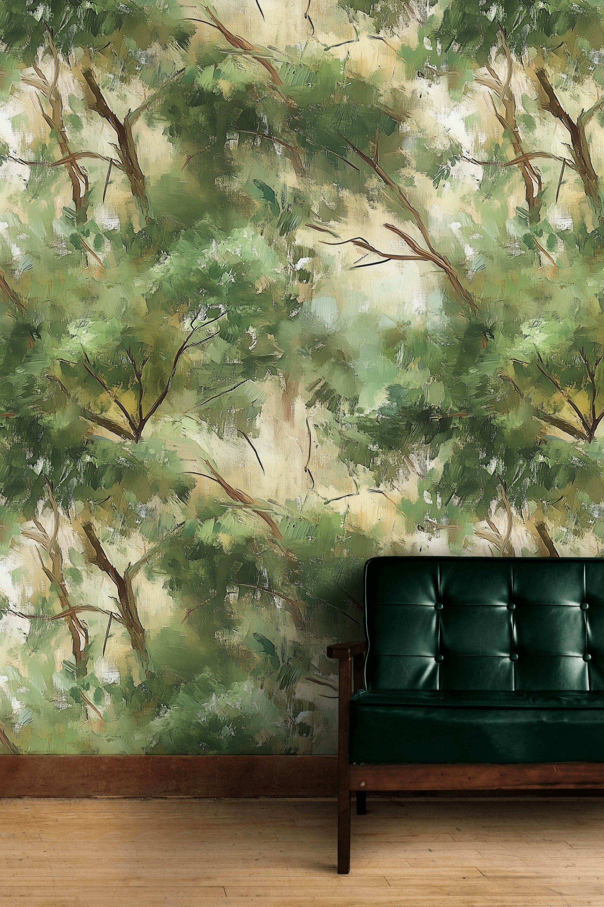 Impressionist Forest Wallpaper Abstract Green Trees Wall Mural Artistic Nature Paint Effect