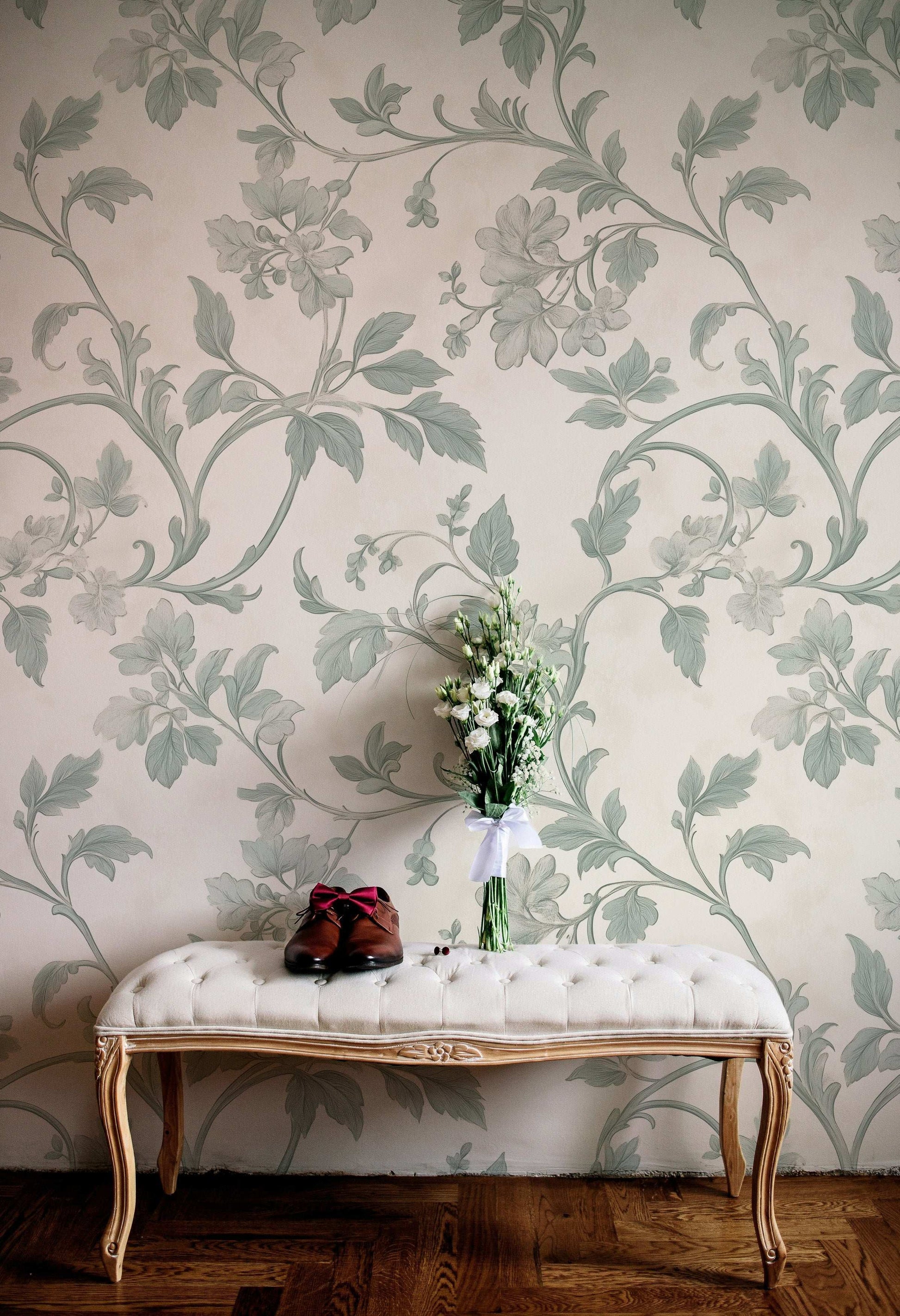 Elegant Sage Floral Scroll Wallpaper Vintage Botanical Pattern Classic Victorian Style Mural