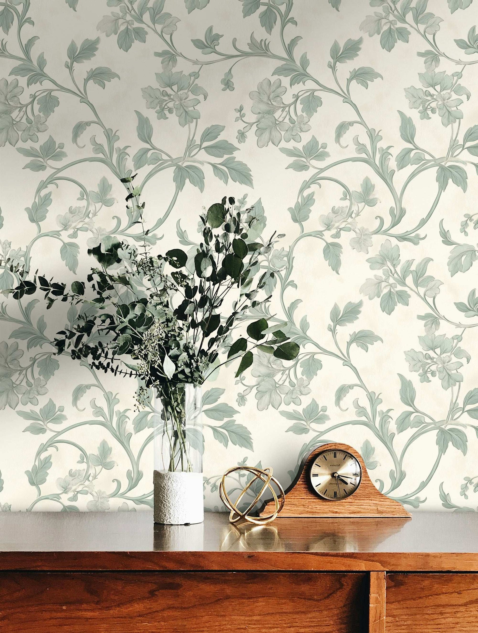 Elegant Sage Floral Scroll Wallpaper Vintage Botanical Pattern Classic Victorian Style Mural