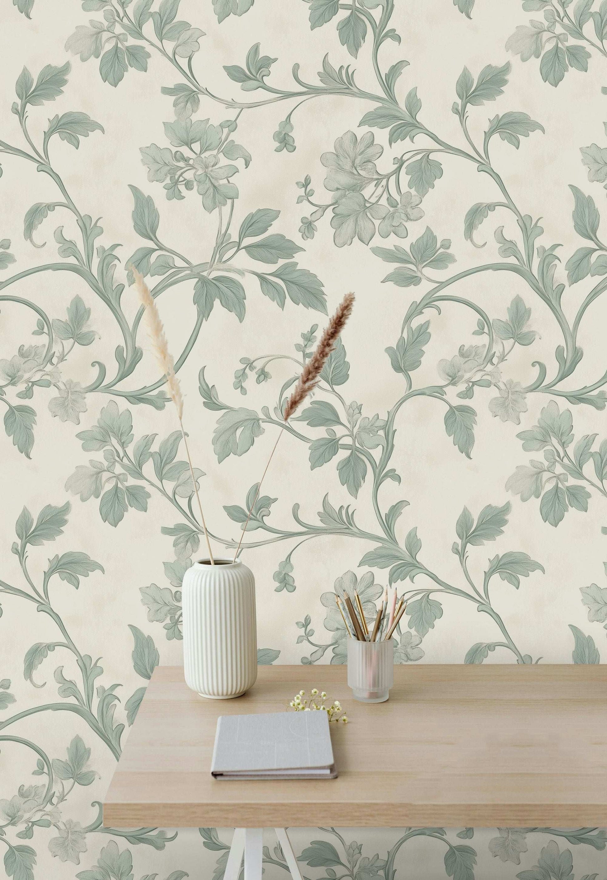 Elegant Sage Floral Scroll Wallpaper Vintage Botanical Pattern Classic Victorian Style Mural