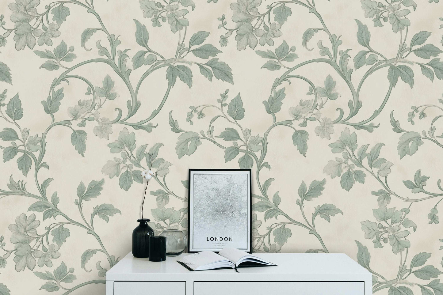 Elegant Sage Floral Scroll Wallpaper Vintage Botanical Pattern Classic Victorian Style Mural