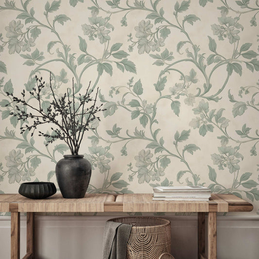 Elegant Sage Floral Scroll Wallpaper Vintage Botanical Pattern Classic Victorian Style Mural