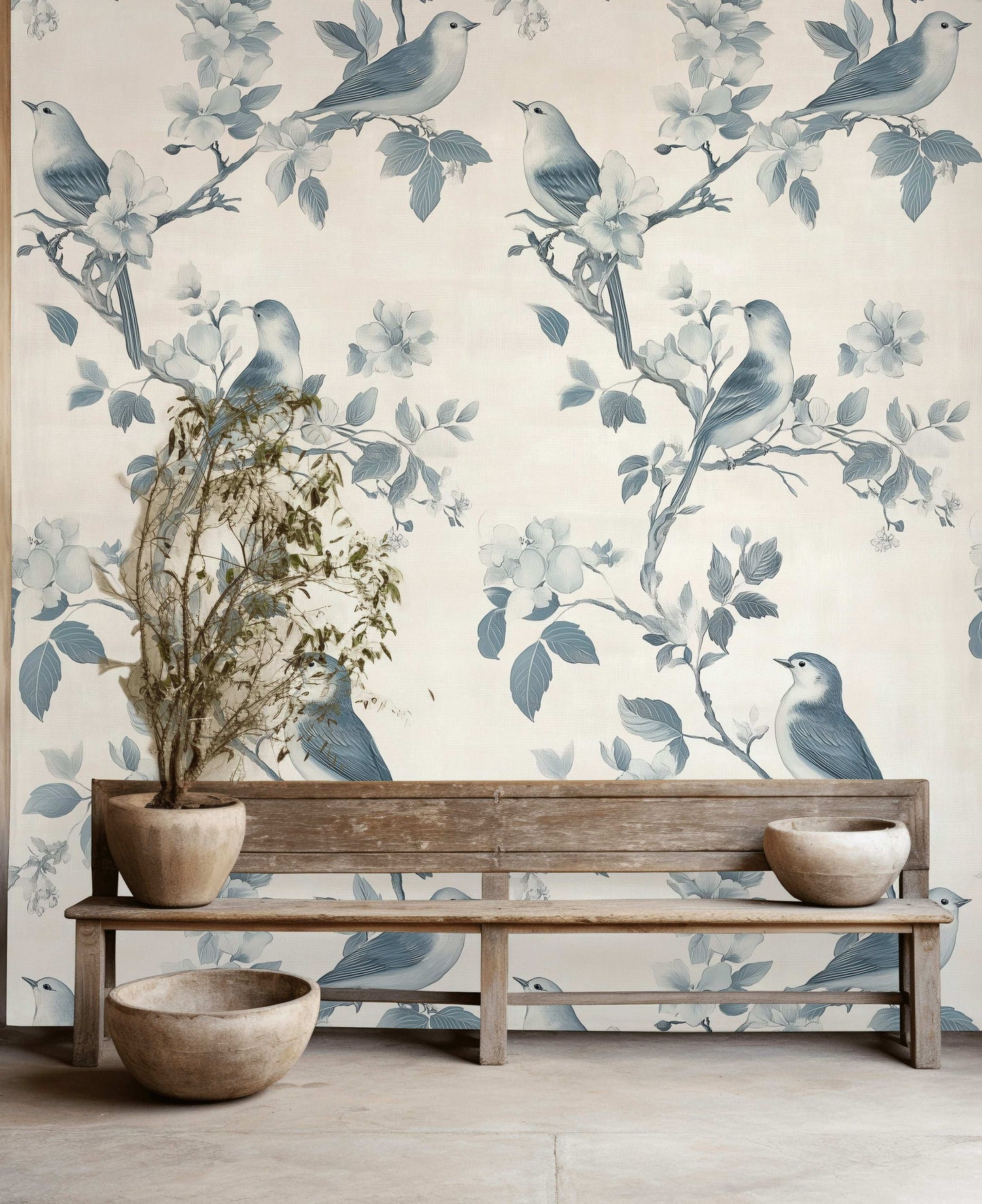 Blue Birds and Cherry Blossoms Wallpaper Chinoiserie Style Wall Mural Peel and Stick Roll