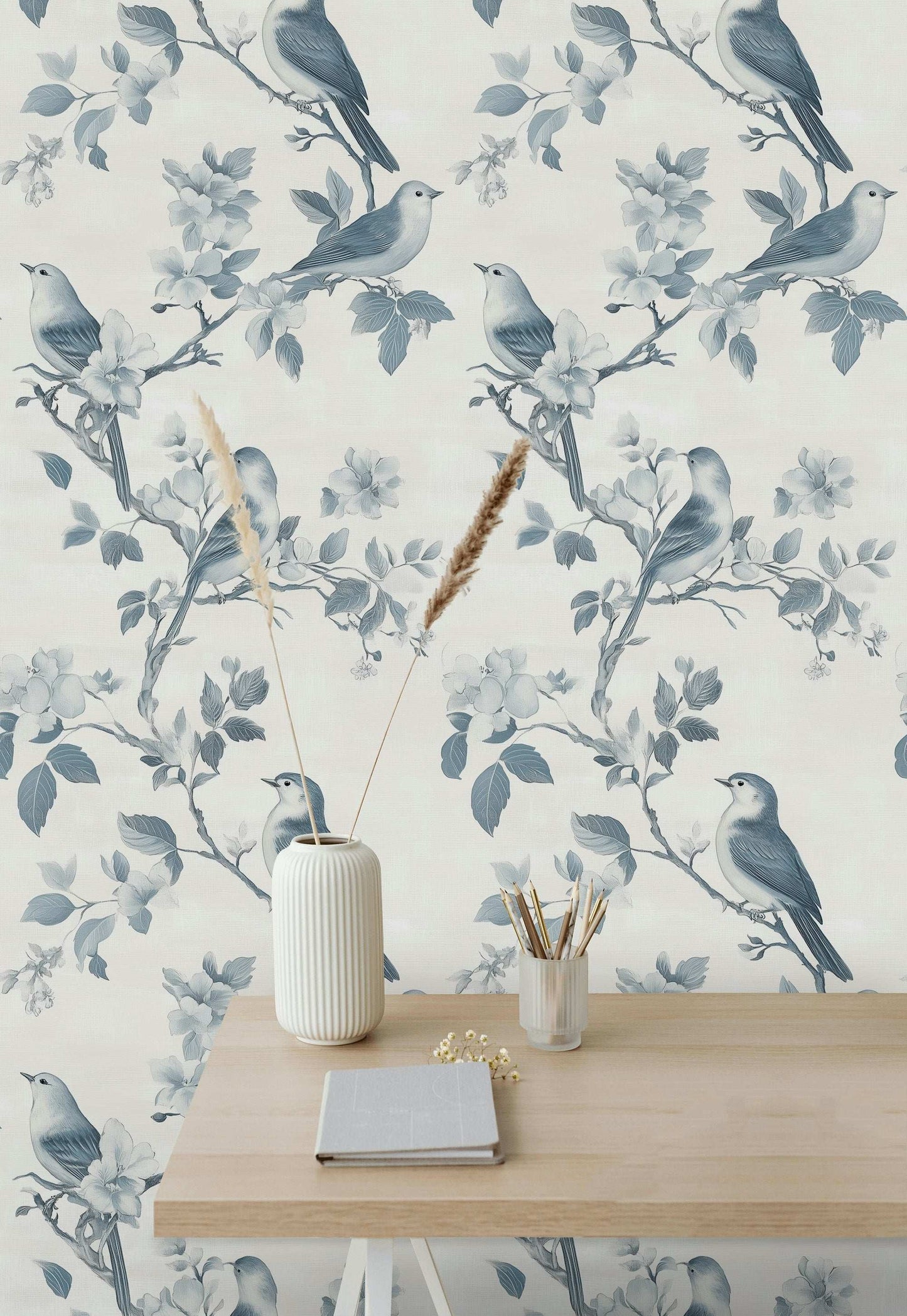 Blue Birds and Cherry Blossoms Wallpaper Chinoiserie Style Wall Mural Peel and Stick Roll