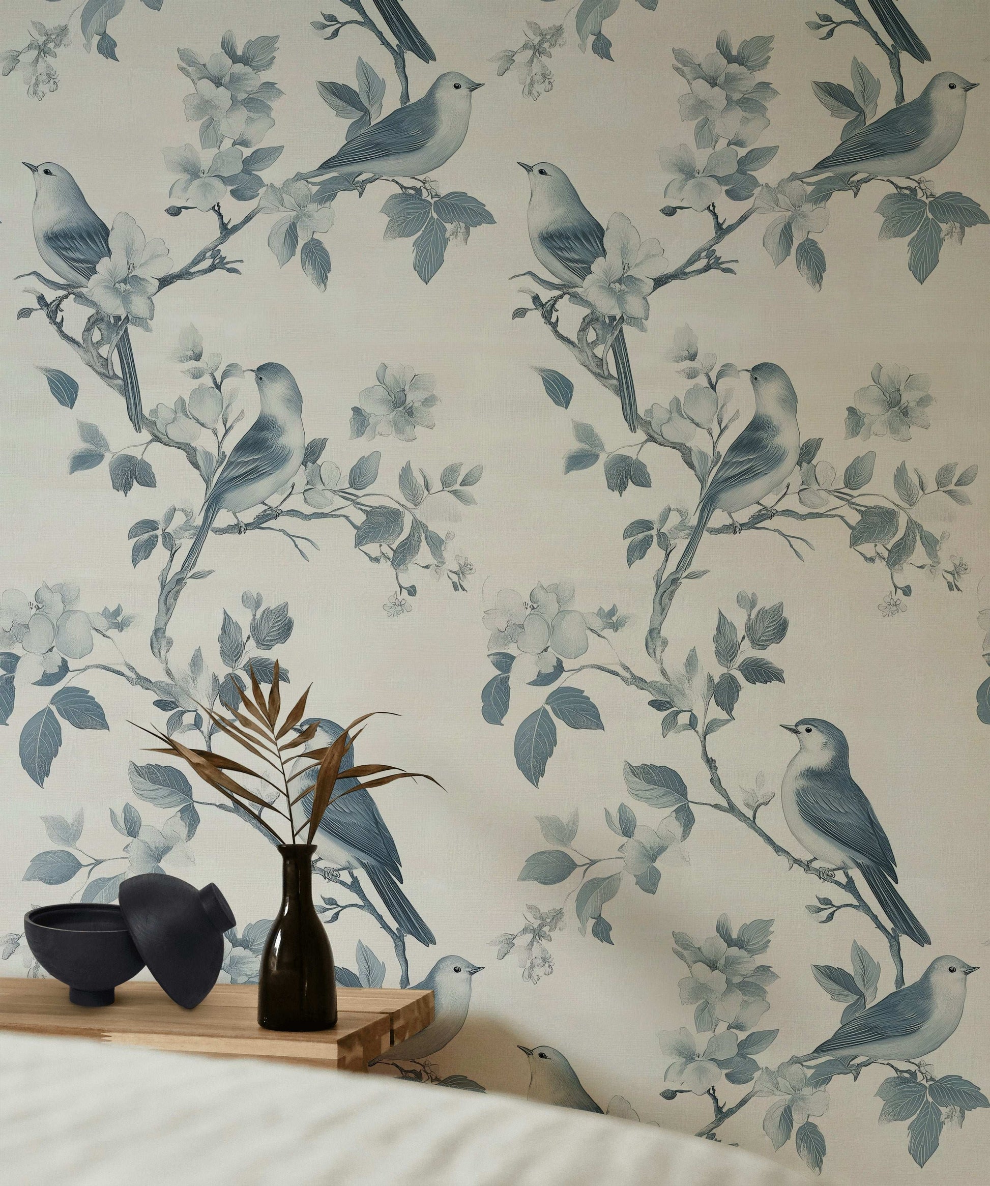 Blue Birds and Cherry Blossoms Wallpaper Chinoiserie Style Wall Mural Peel and Stick Roll