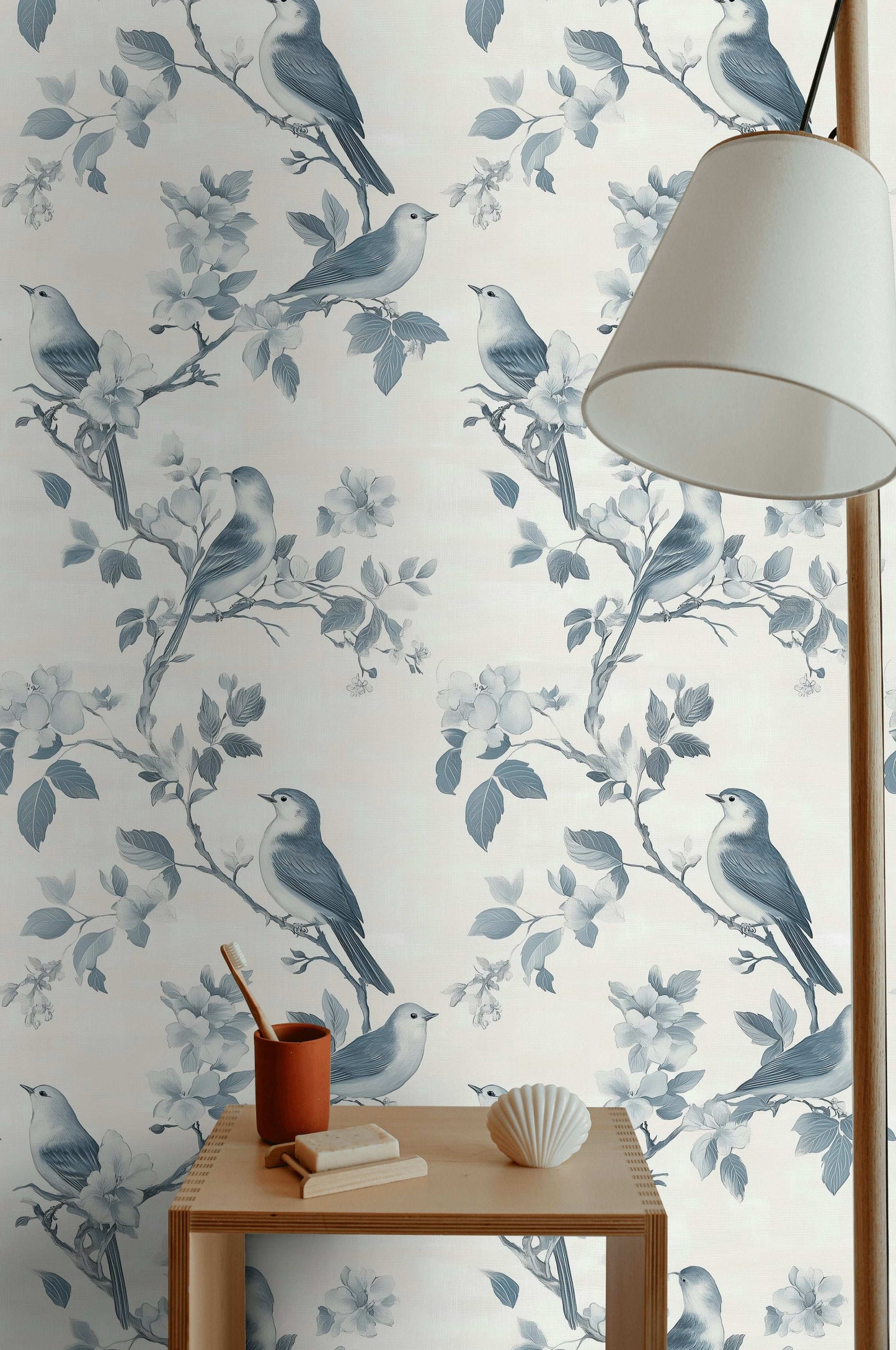 Blue Birds and Cherry Blossoms Wallpaper Chinoiserie Style Wall Mural Peel and Stick Roll