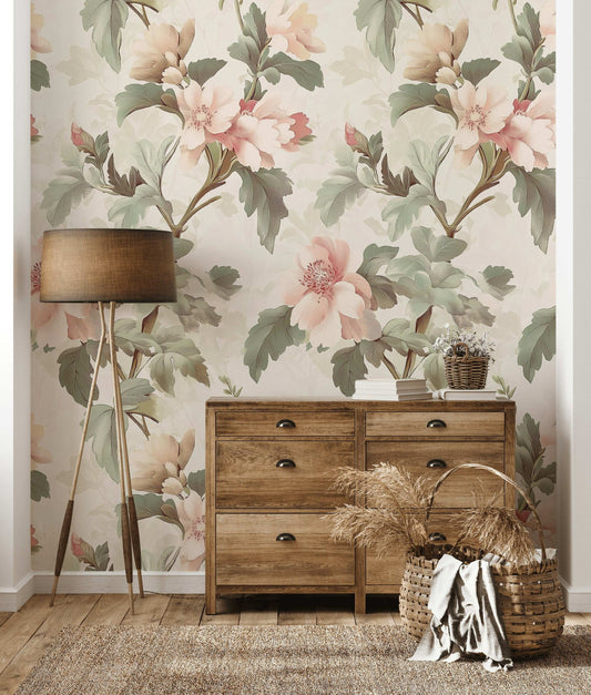 Romantic Blush Floral Wallpaper Vintage Botanical Pattern Wall Mural Peel and Stick Roll