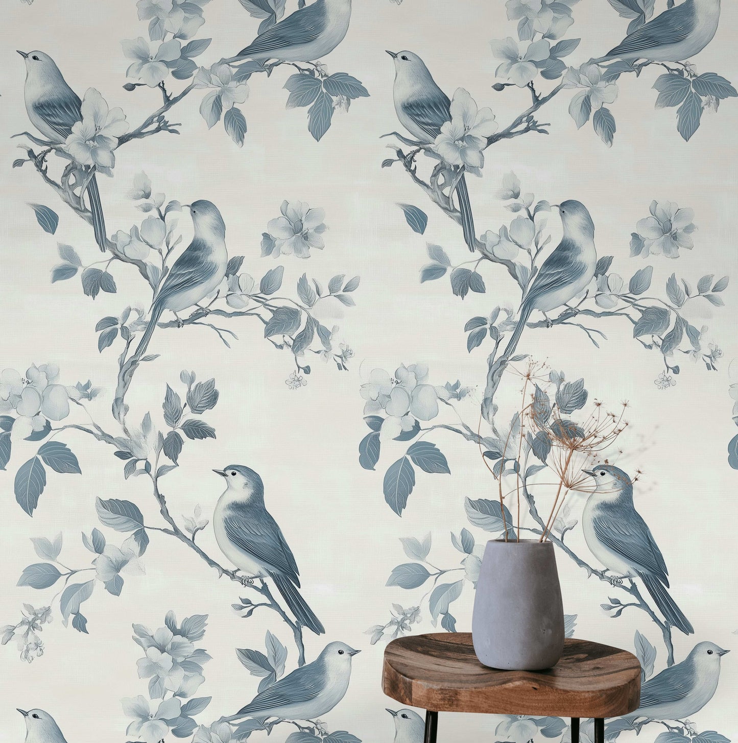 Blue Birds and Cherry Blossoms Wallpaper Chinoiserie Style Wall Mural Peel and Stick Roll