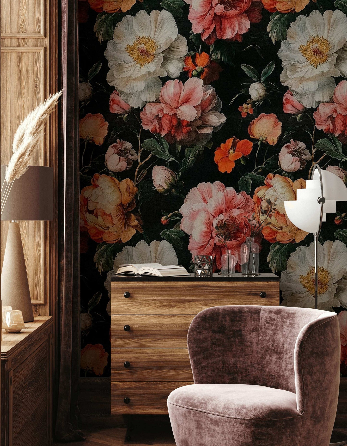 Dark Floral Peony Wallpaper Romantic Botanical Wall Decor Bold Accent Walls Peel and Stick Roll