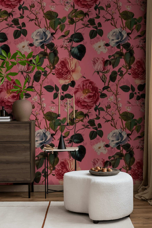 Vintage Floral Wallpaper Pink Background Romantic Rose Design Decorative Wall Covering