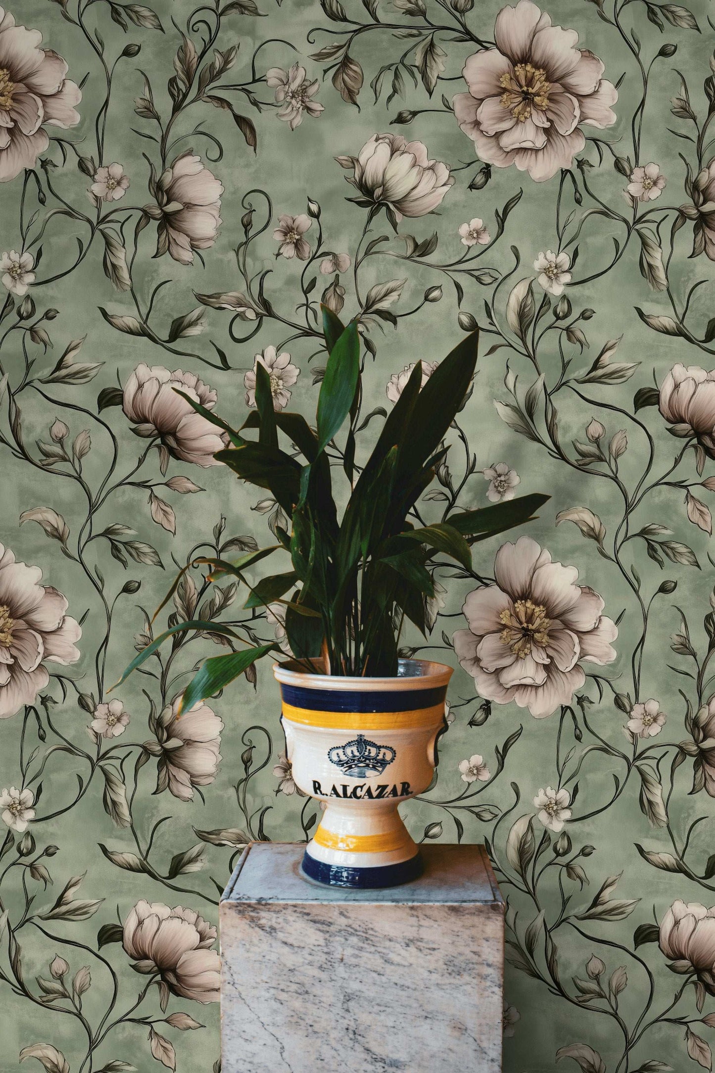 Sage Green Peony Wallpaper Exquisite Floral Accent Serene Interiors Peel and Stick Roll