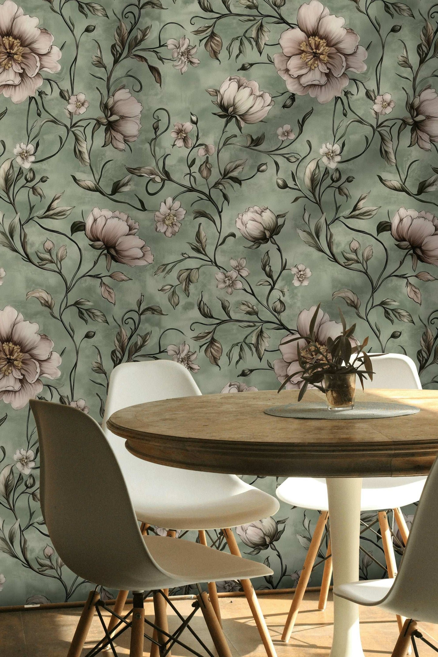 Sage Green Peony Wallpaper Exquisite Floral Accent Serene Interiors Peel and Stick Roll