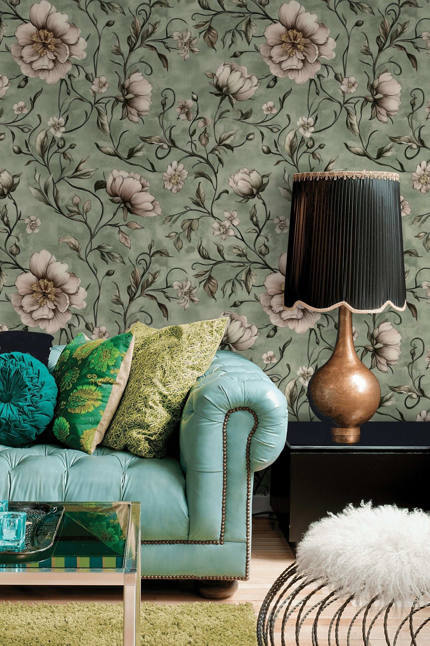 Sage Green Peony Wallpaper Exquisite Floral Accent Serene Interiors Peel and Stick Roll