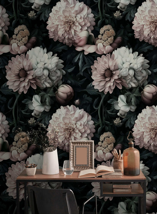 Elegant Floral Wallpaper Dark Botanical Wall Mural with Vintage Peony and Chrysanthemum Design