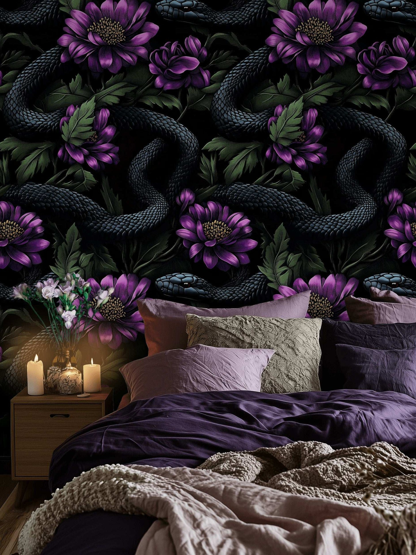 Dark Snake and Floral Wallpaper Bold and Mysterious Design Peel and Stick Roll