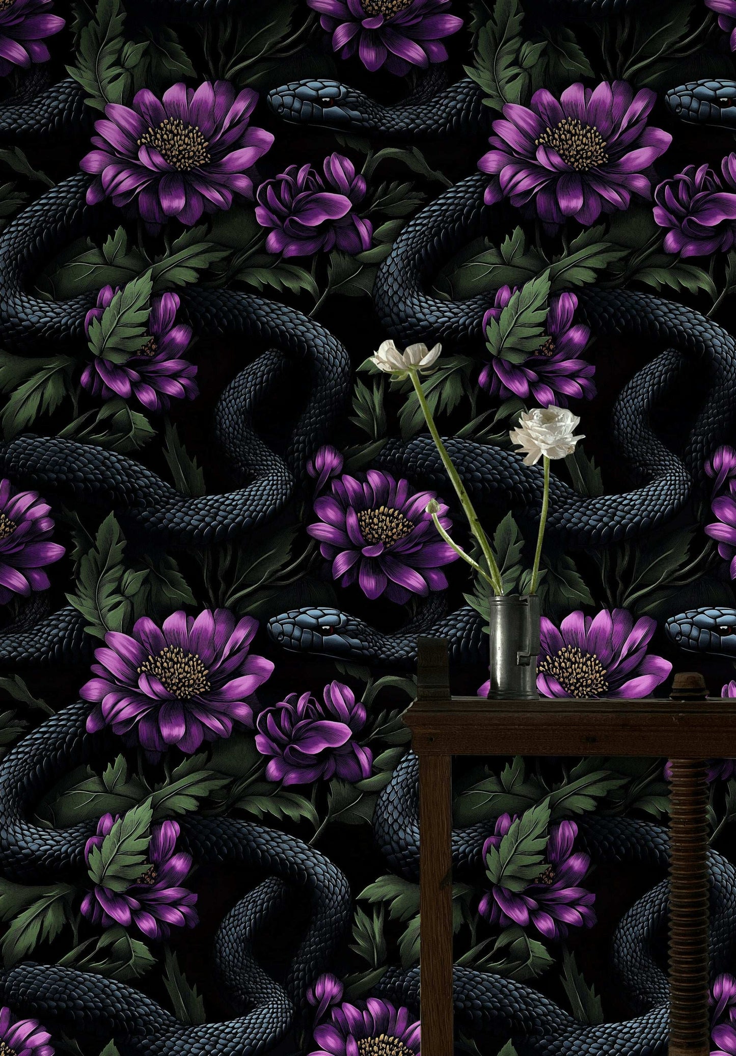 Dark Snake and Floral Wallpaper Bold and Mysterious Design Peel and Stick Roll