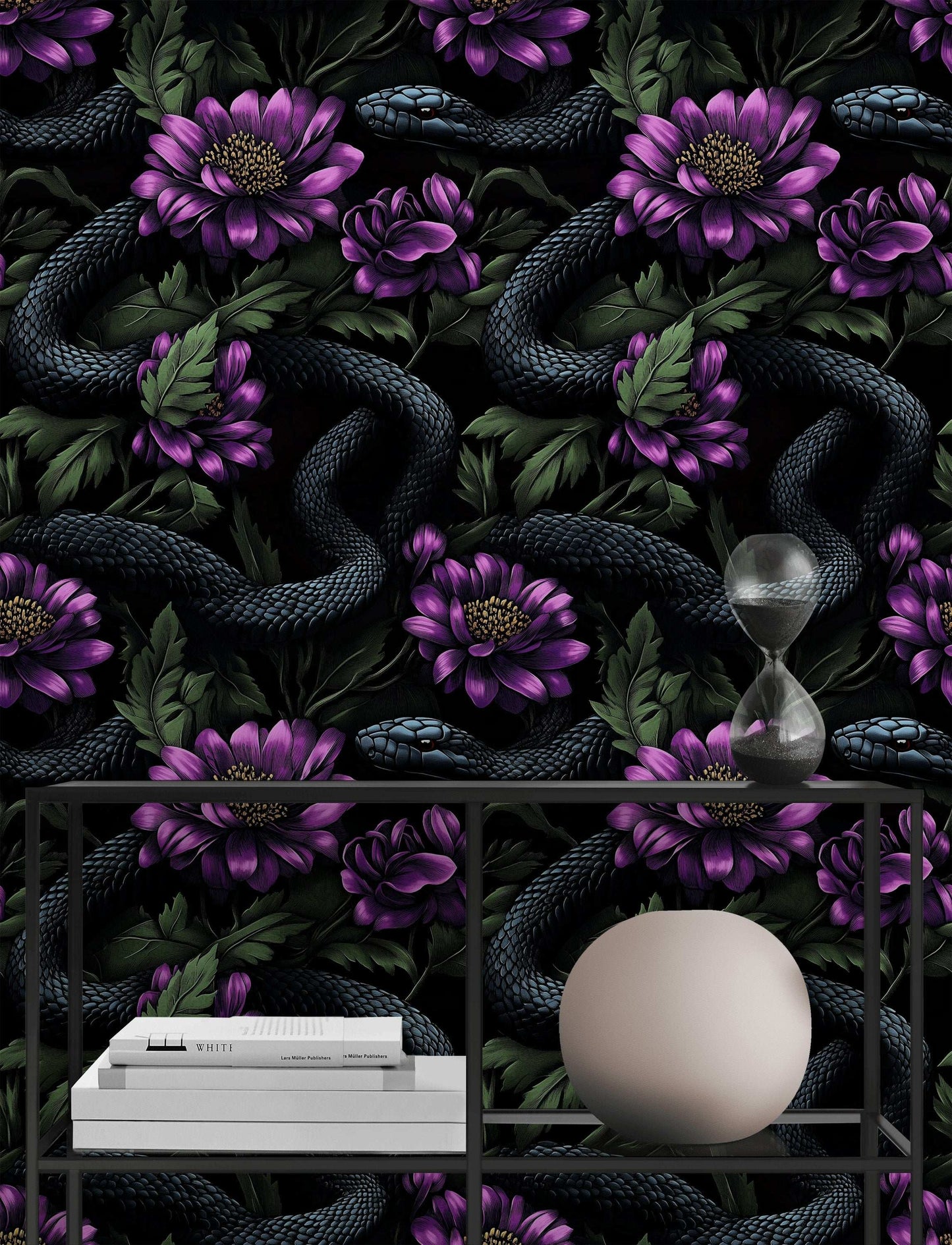 Dark Snake and Floral Wallpaper Bold and Mysterious Design Peel and Stick Roll