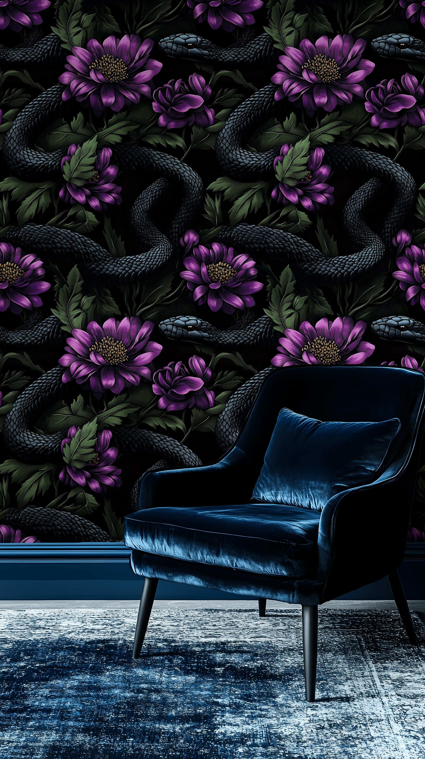 Dark Snake and Floral Wallpaper Bold and Mysterious Design Peel and Stick Roll