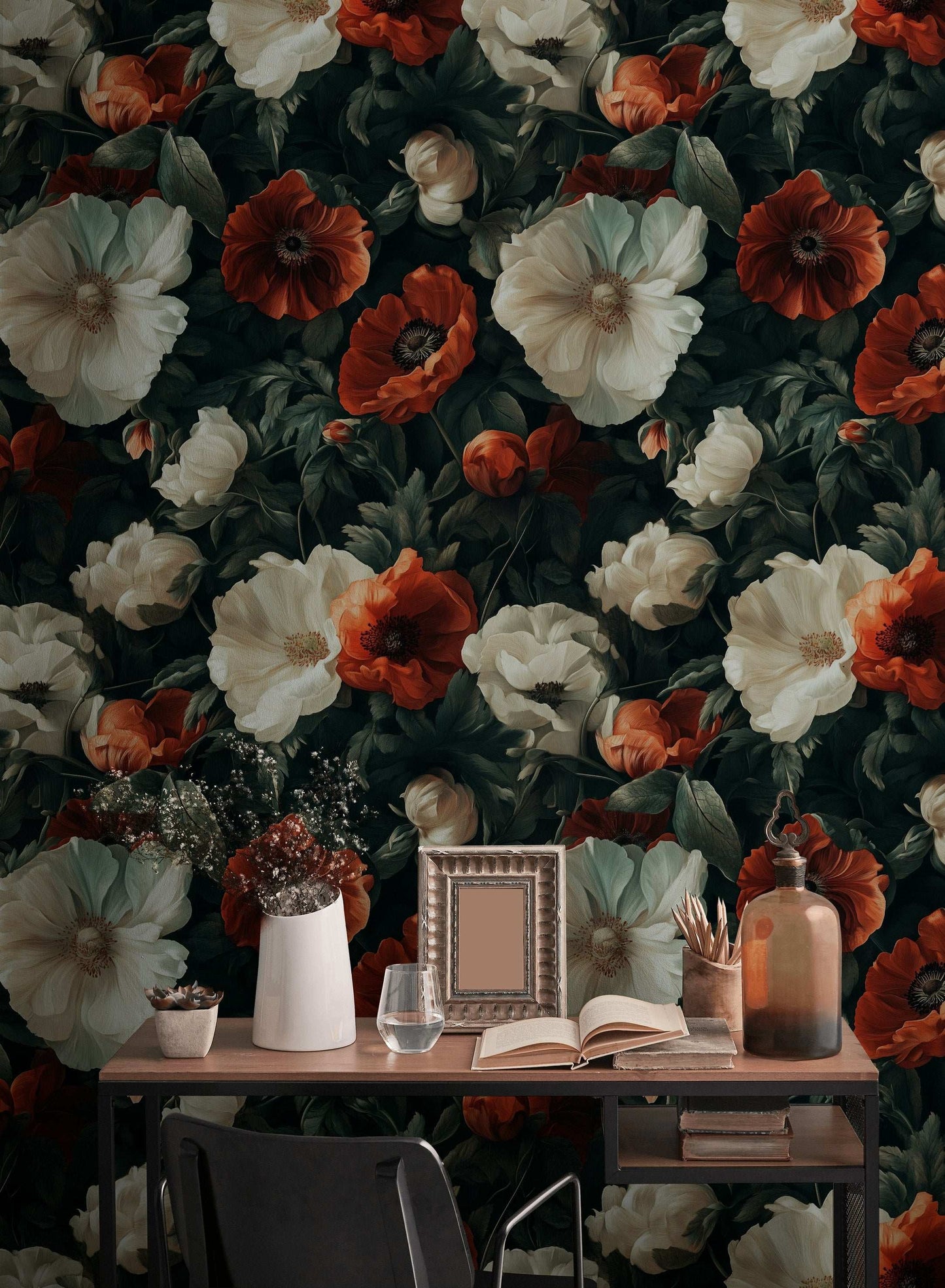 Dark Floral Wallpaper with Red and White Poppies Botanical Removable Wall Mural Peel and Stick Roll