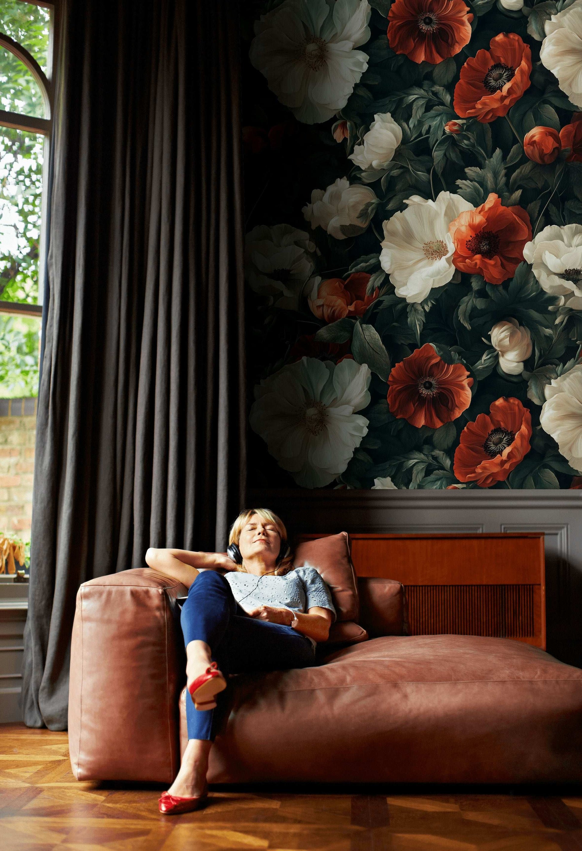 Dark Floral Wallpaper with Red and White Poppies Botanical Removable Wall Mural Peel and Stick Roll