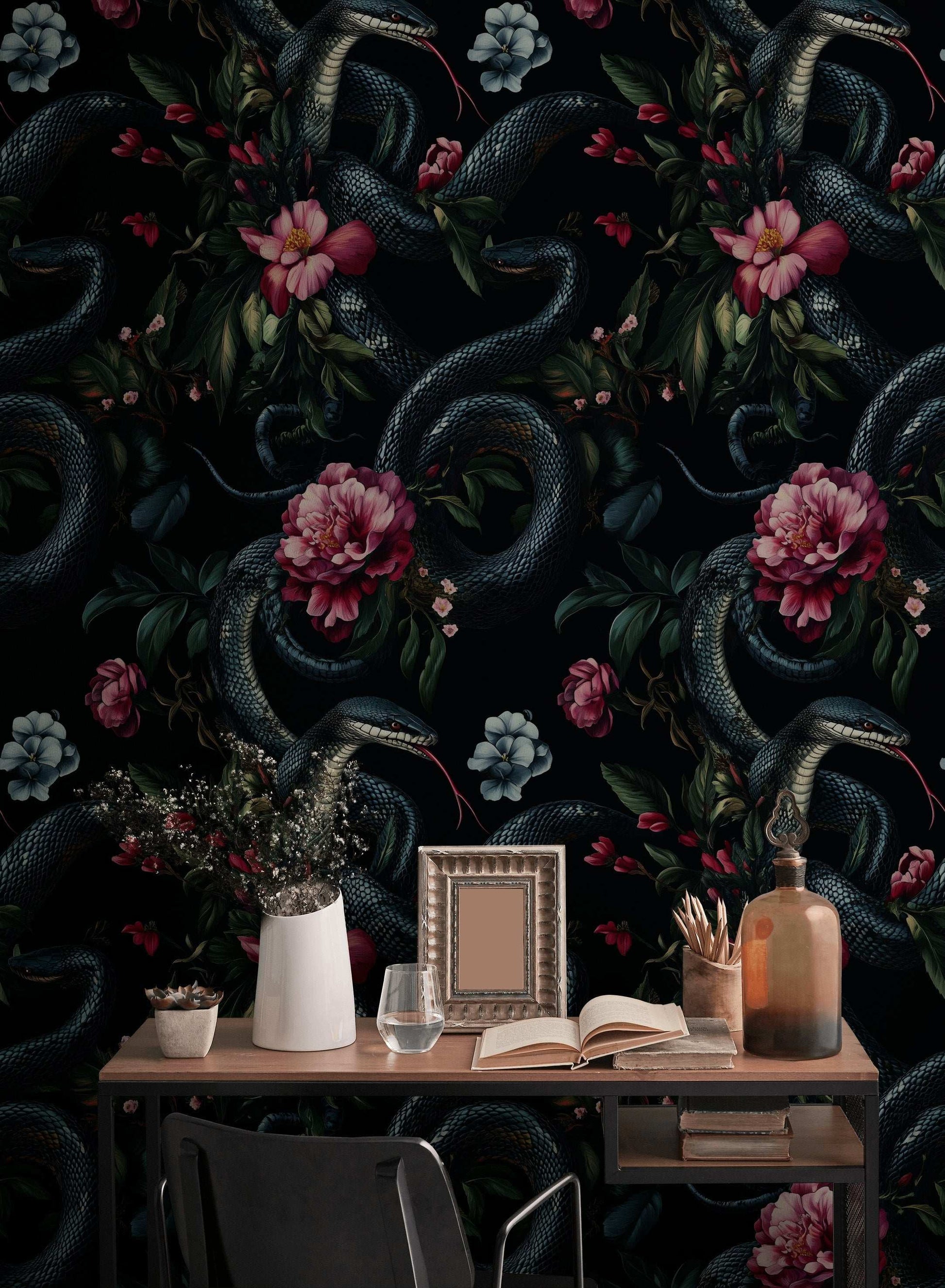 Black Snake and Pink Floral Wallpaper Dramatic Removable Wall Mural Peel and Stick Roll