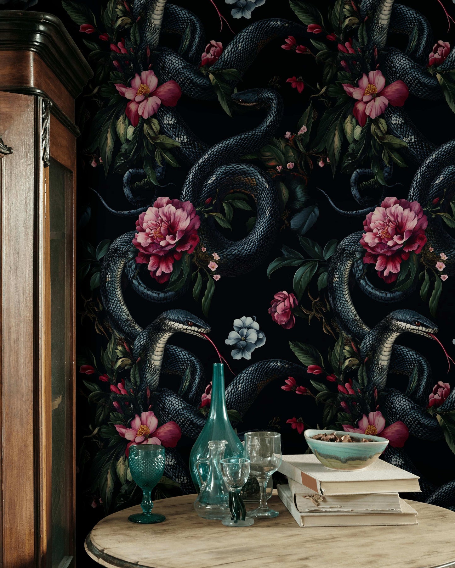 Black Snake and Pink Floral Wallpaper Dramatic Removable Wall Mural Peel and Stick Roll