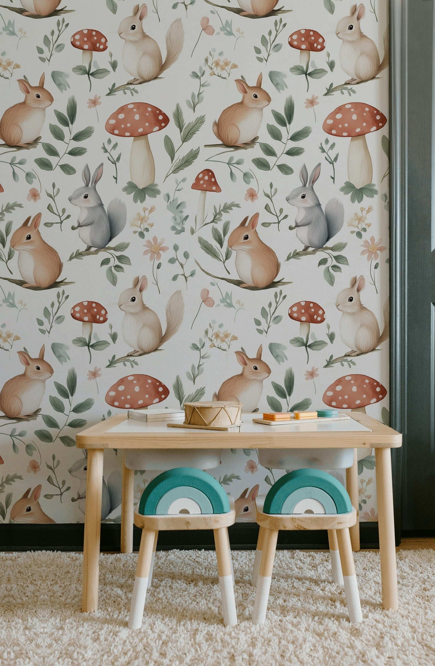 Woodland Bunny and Mushroom Wallpaper Whimsical Nursery Design