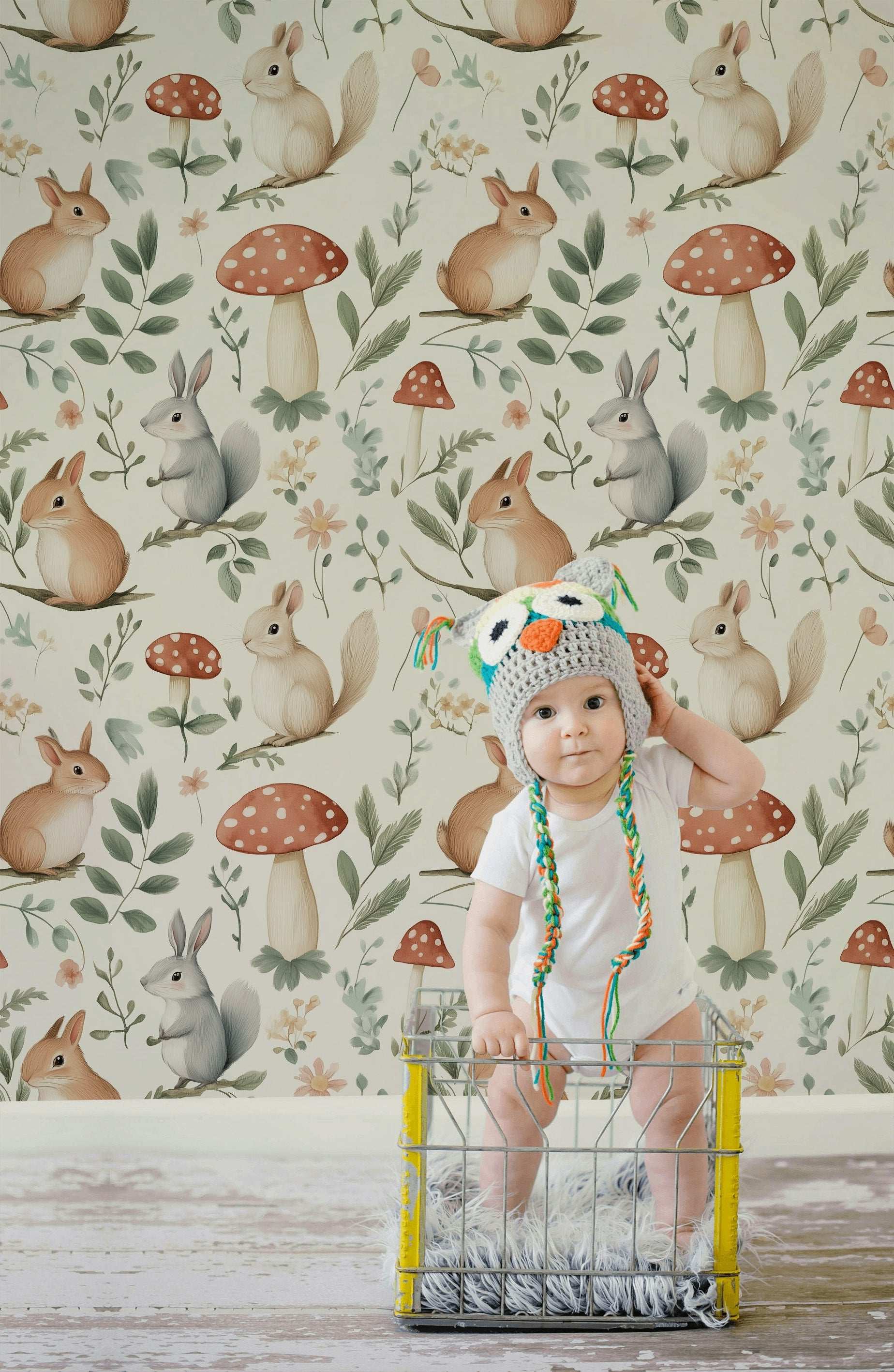 Woodland Bunny and Mushroom Wallpaper Whimsical Nursery Design