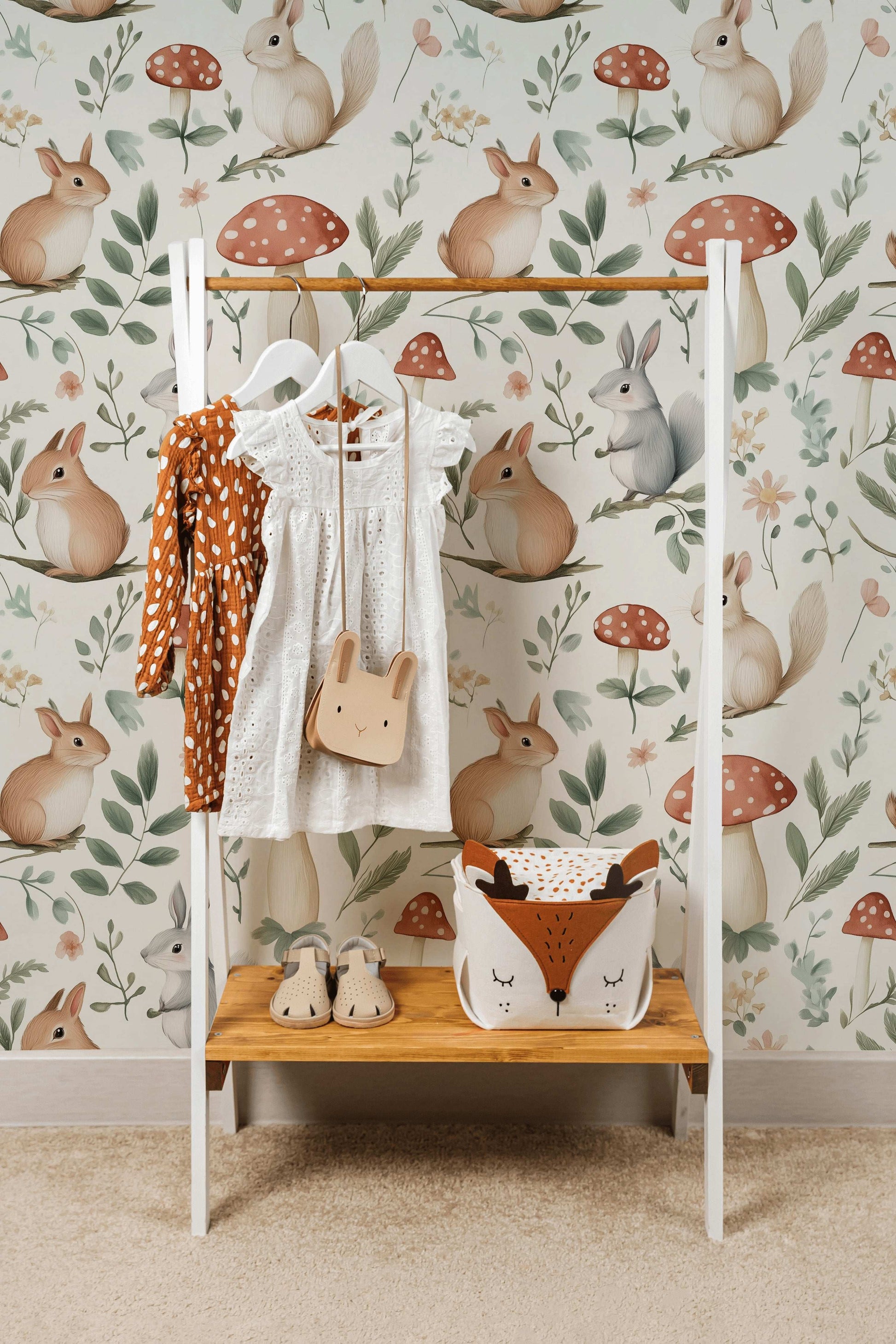 Woodland Bunny and Mushroom Wallpaper Whimsical Nursery Design