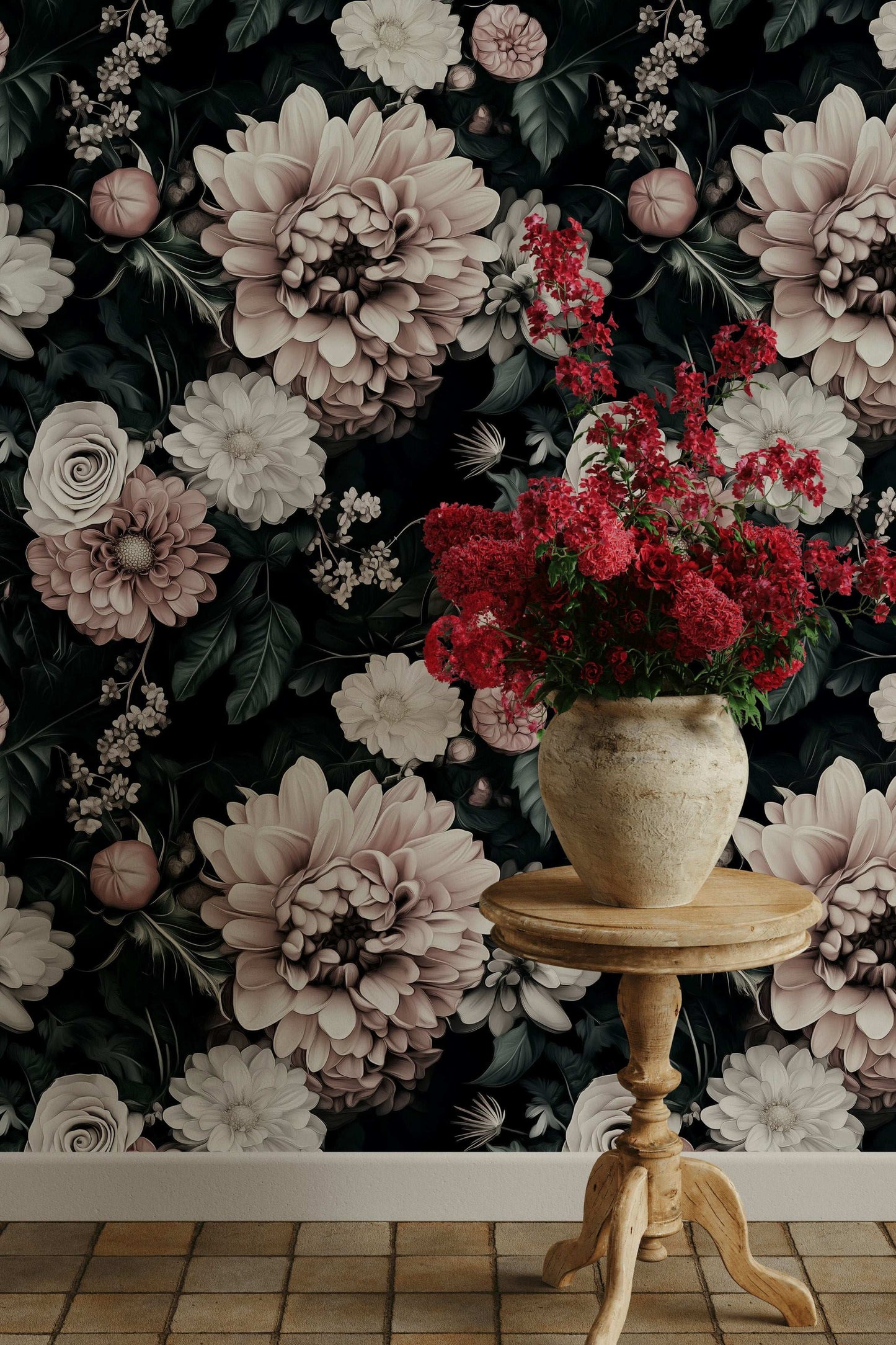 Moody Floral Wallpaper Dramatic Blooms Elegant Dark Interiors Peel and Stick Roll