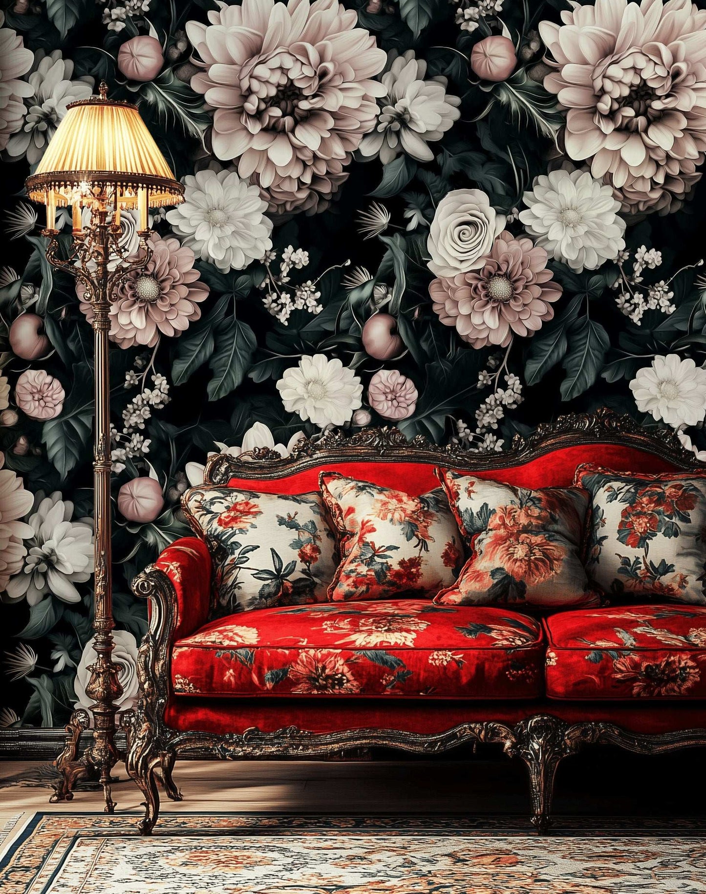 Moody Floral Wallpaper Dramatic Blooms Elegant Dark Interiors Peel and Stick Roll