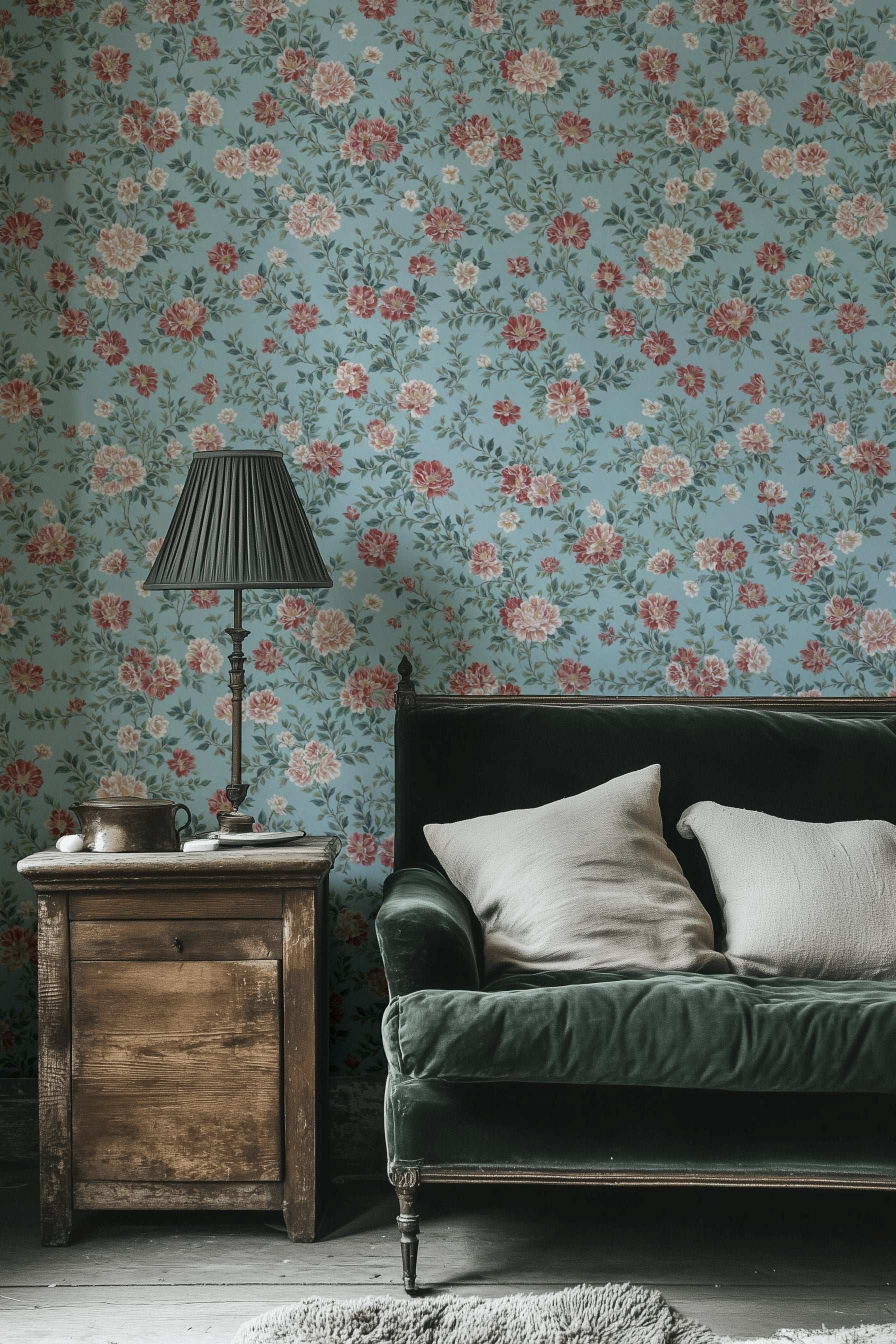 Serene Pastel Blue Wallpaper with Hand-Painted Pink Peonies Romantic Vintage-Inspired Floral Design