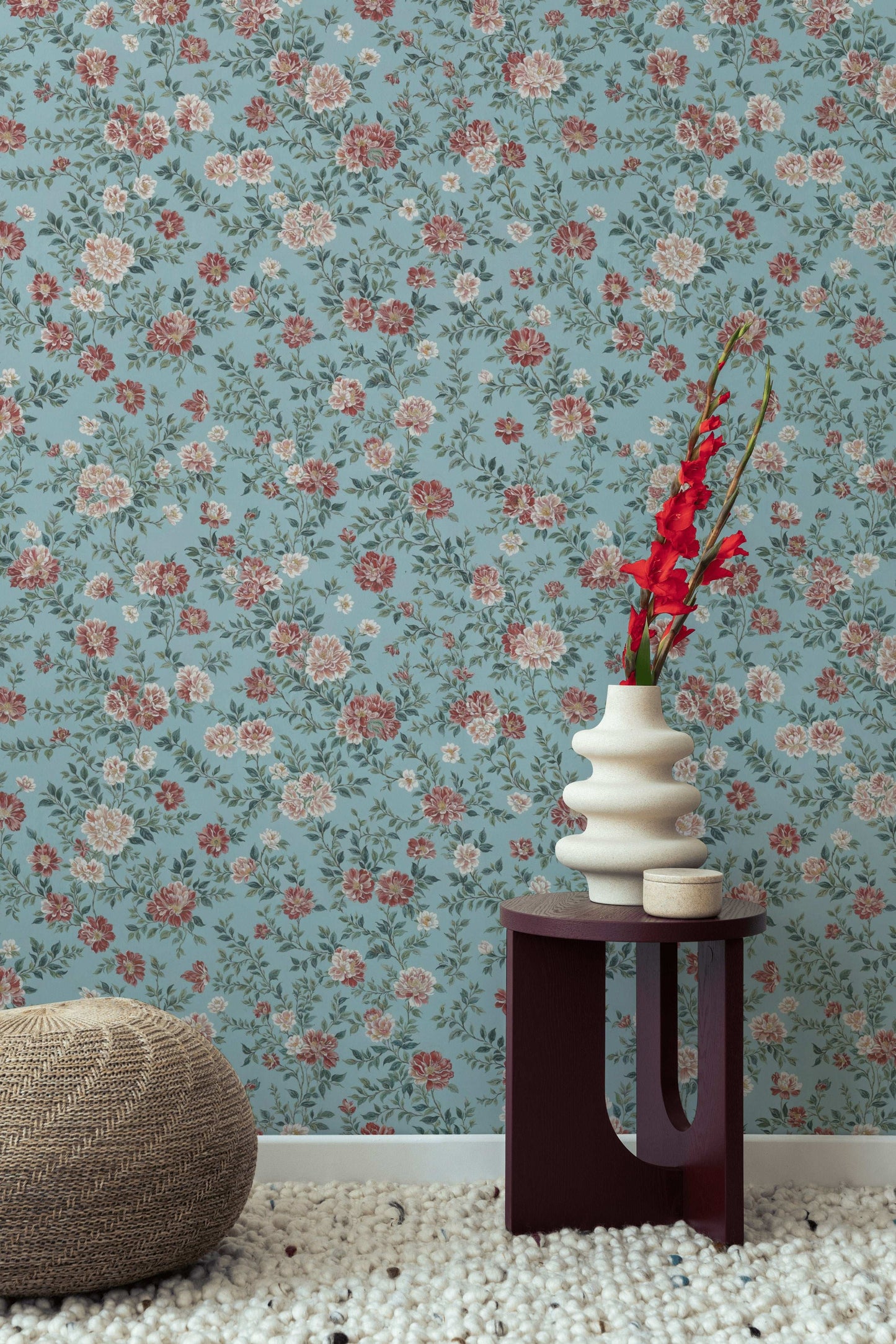 Serene Pastel Blue Wallpaper with Hand-Painted Pink Peonies Romantic Vintage-Inspired Floral Design