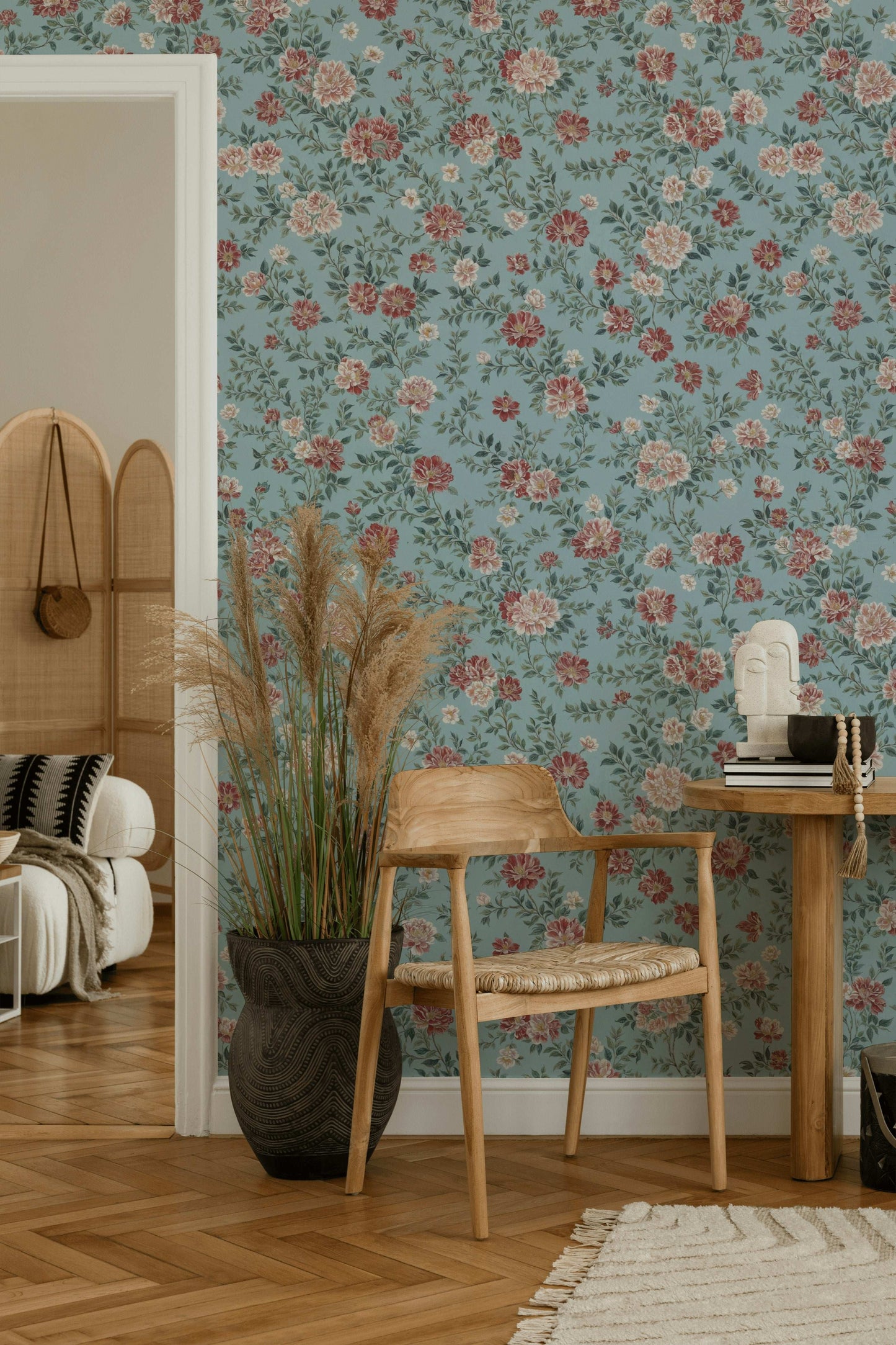 Serene Pastel Blue Wallpaper with Hand-Painted Pink Peonies Romantic Vintage-Inspired Floral Design