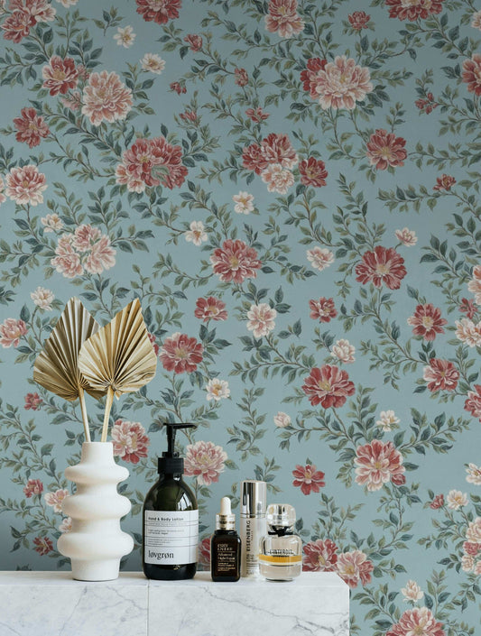 Serene Pastel Blue Wallpaper with Hand-Painted Pink Peonies Romantic Vintage-Inspired Floral Design