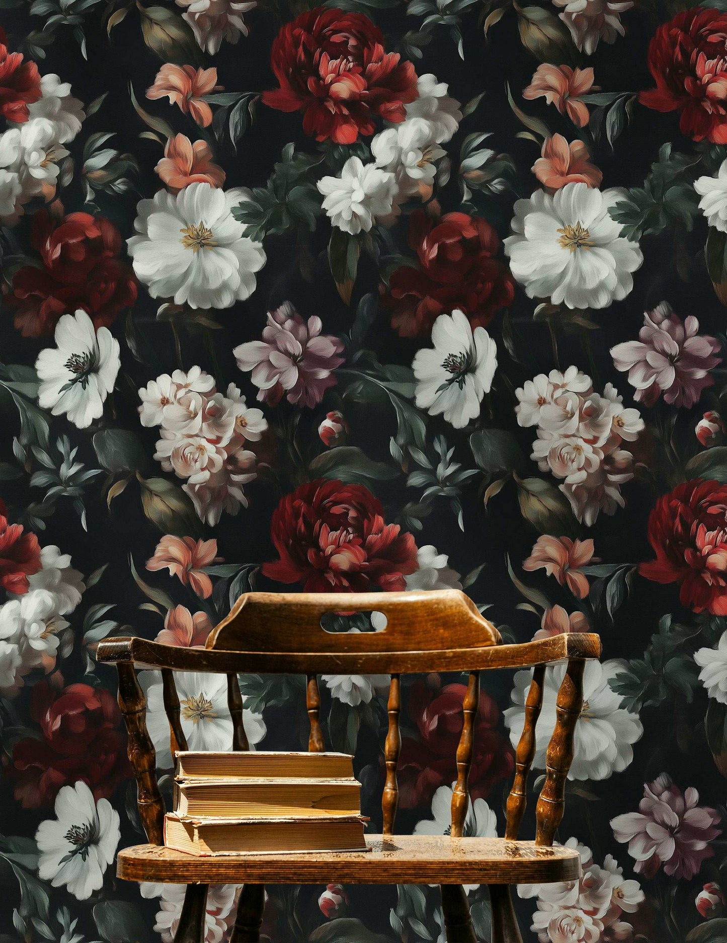 Dark Floral Wallpaper Red and White Blooms Mural Peel and Stick Roll